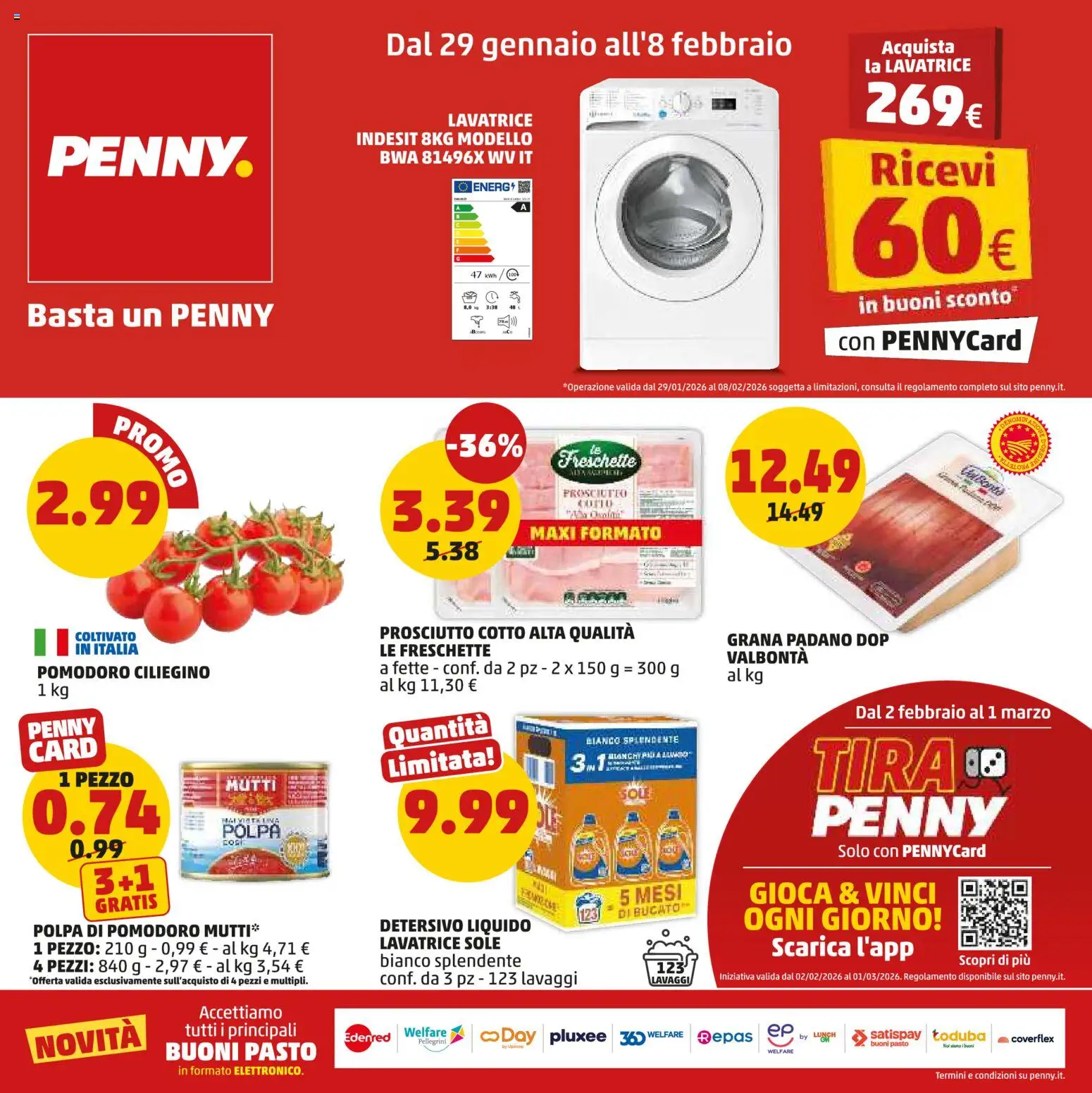 Volantino PENNY del 29.01.2026 | Pagina: 1 | Prodotti: Prosciutto Cotto, Prosciutto, Lavatrice, Mutti