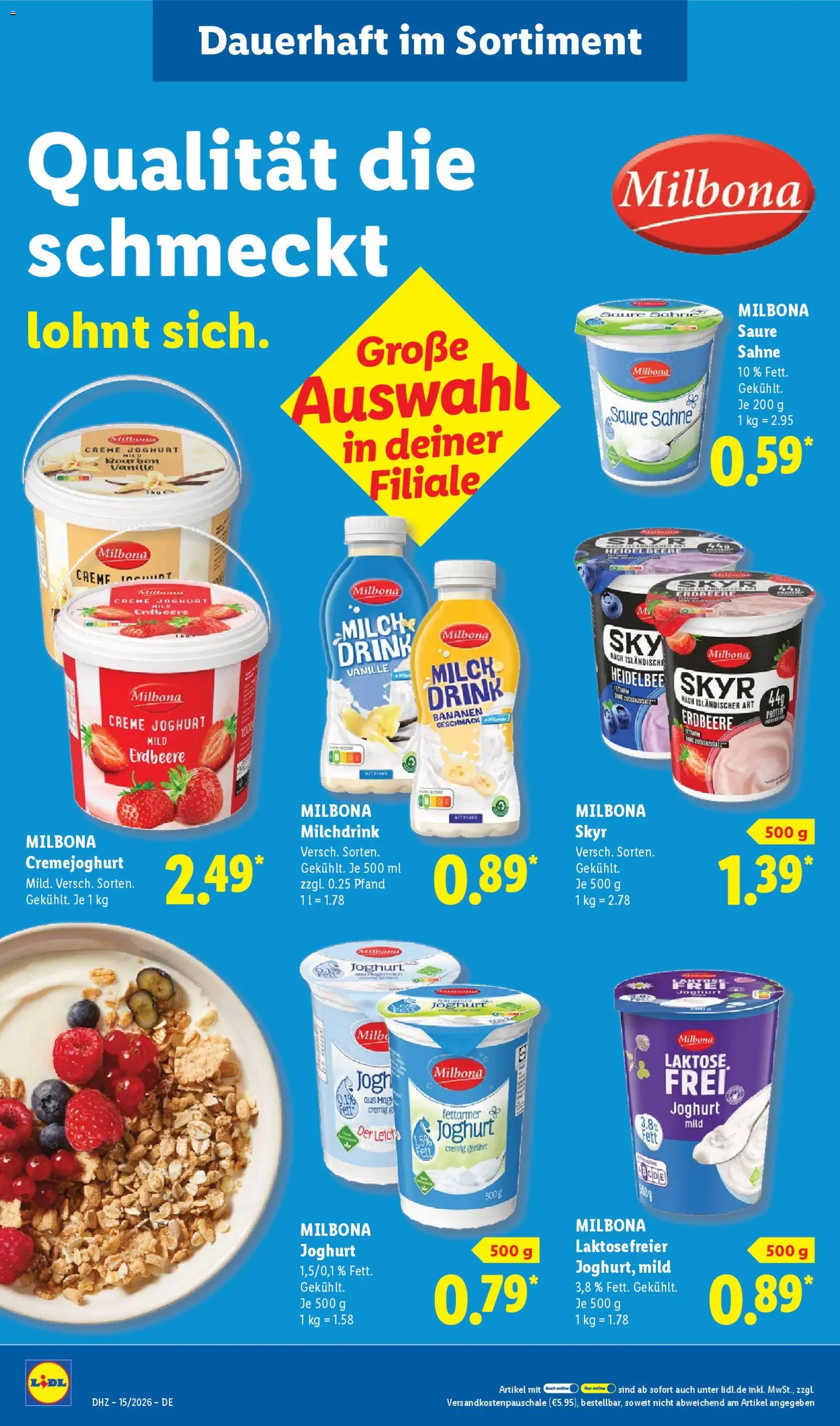 Lidl Německo leták od 07.04.2026 | Strana: 18 | Produkty: Bourbon, Milbona, Skyr, Protein