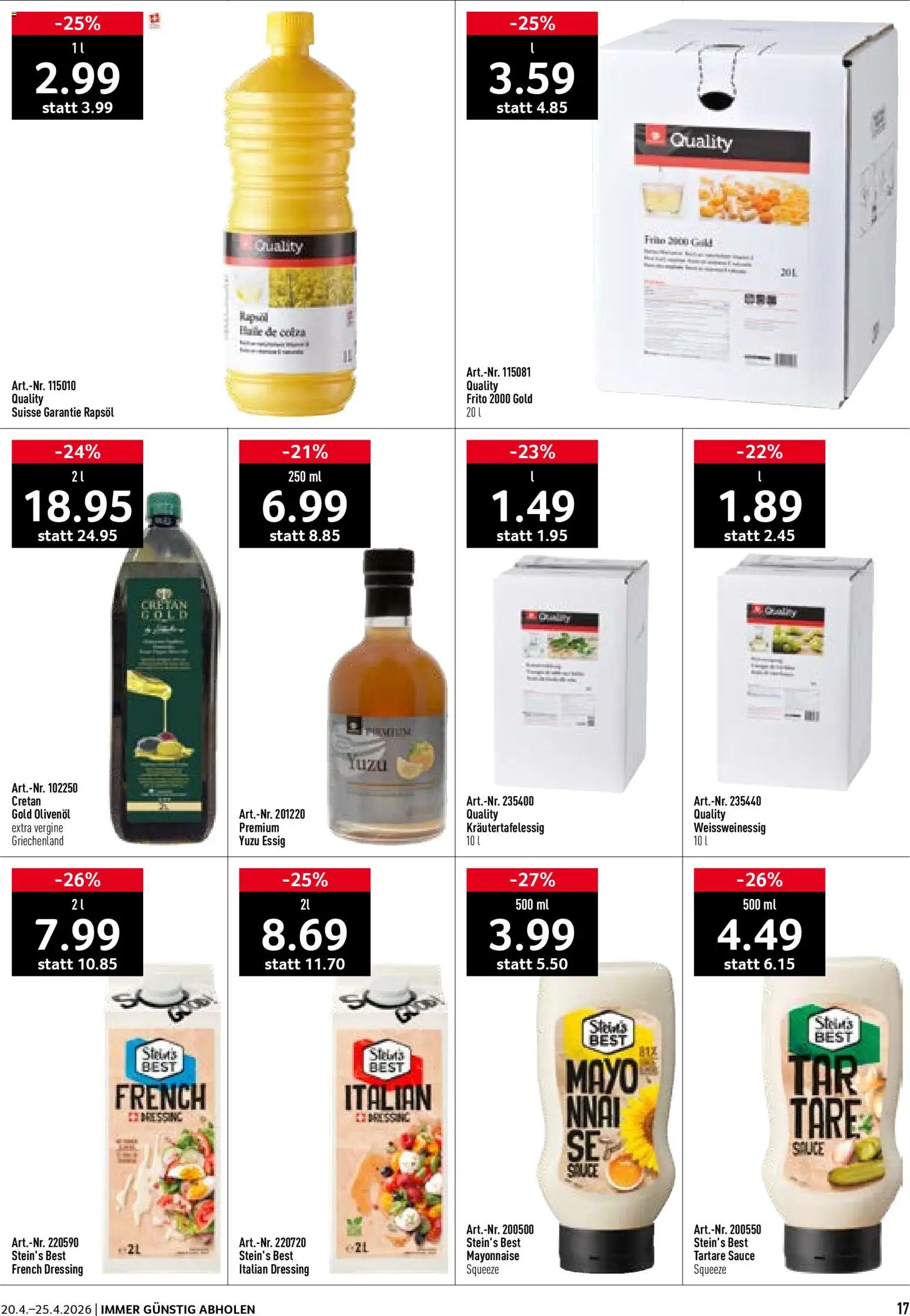 Prodega aktionen – gültig ab 20.04.2026 | Seite: 17 | Produkte: Essig, Rapsöl, Dressing, Mayonnaise