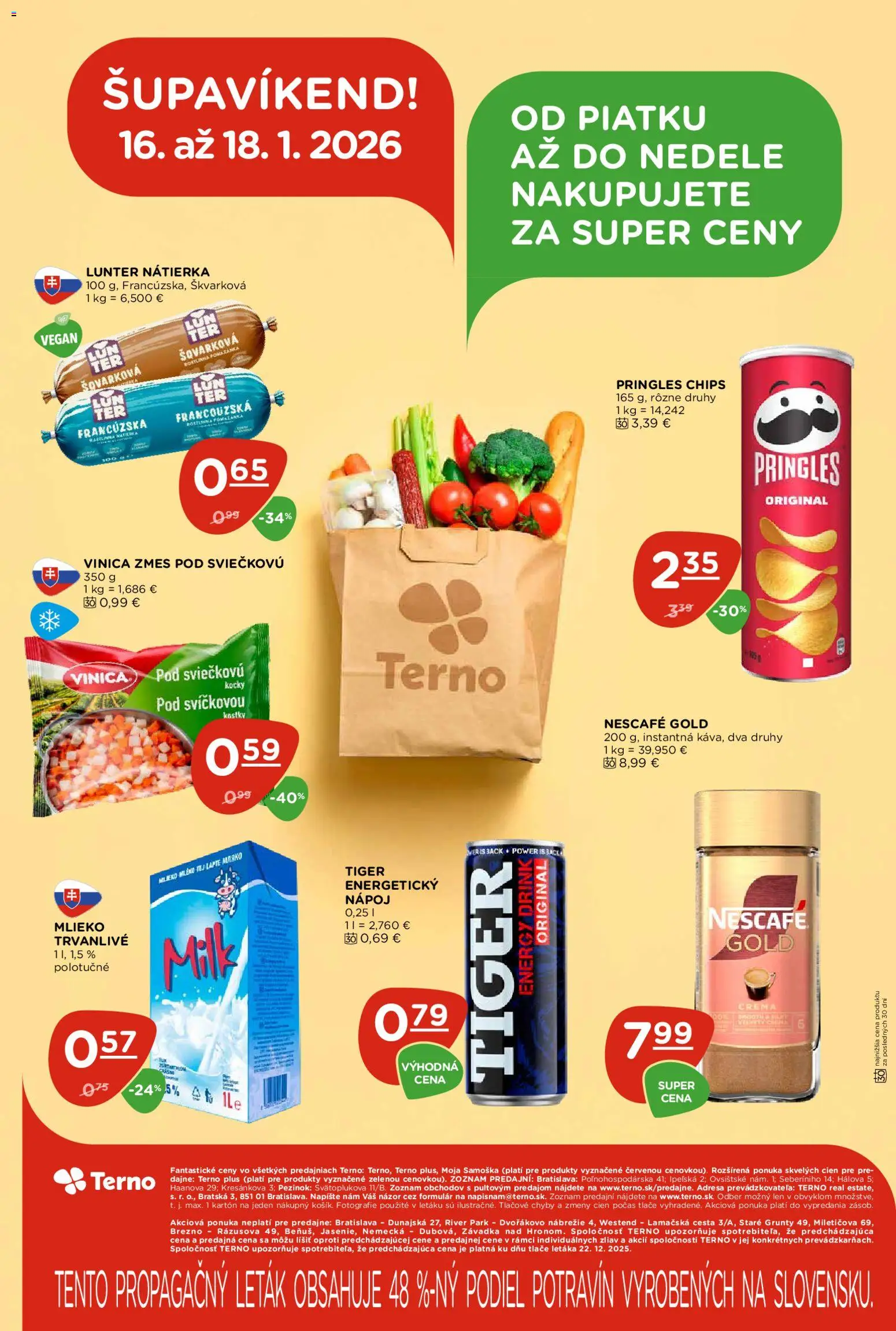 Nové Terno akcie – leták je platný od 15.01.2026 | Strana: 25 | Produkty: Mlieko, Pringles, Nescafé Gold, Energetický nápoj