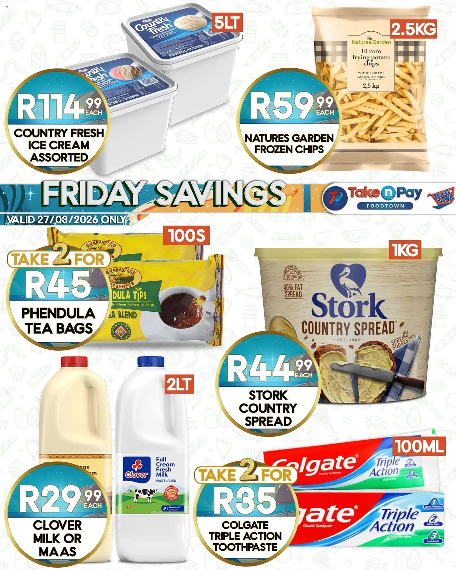 New Take n Pay catalogue – valid from 27.03.2026 | Page: 3 | Products: Chips, Cream, Toothpaste, Fat spread