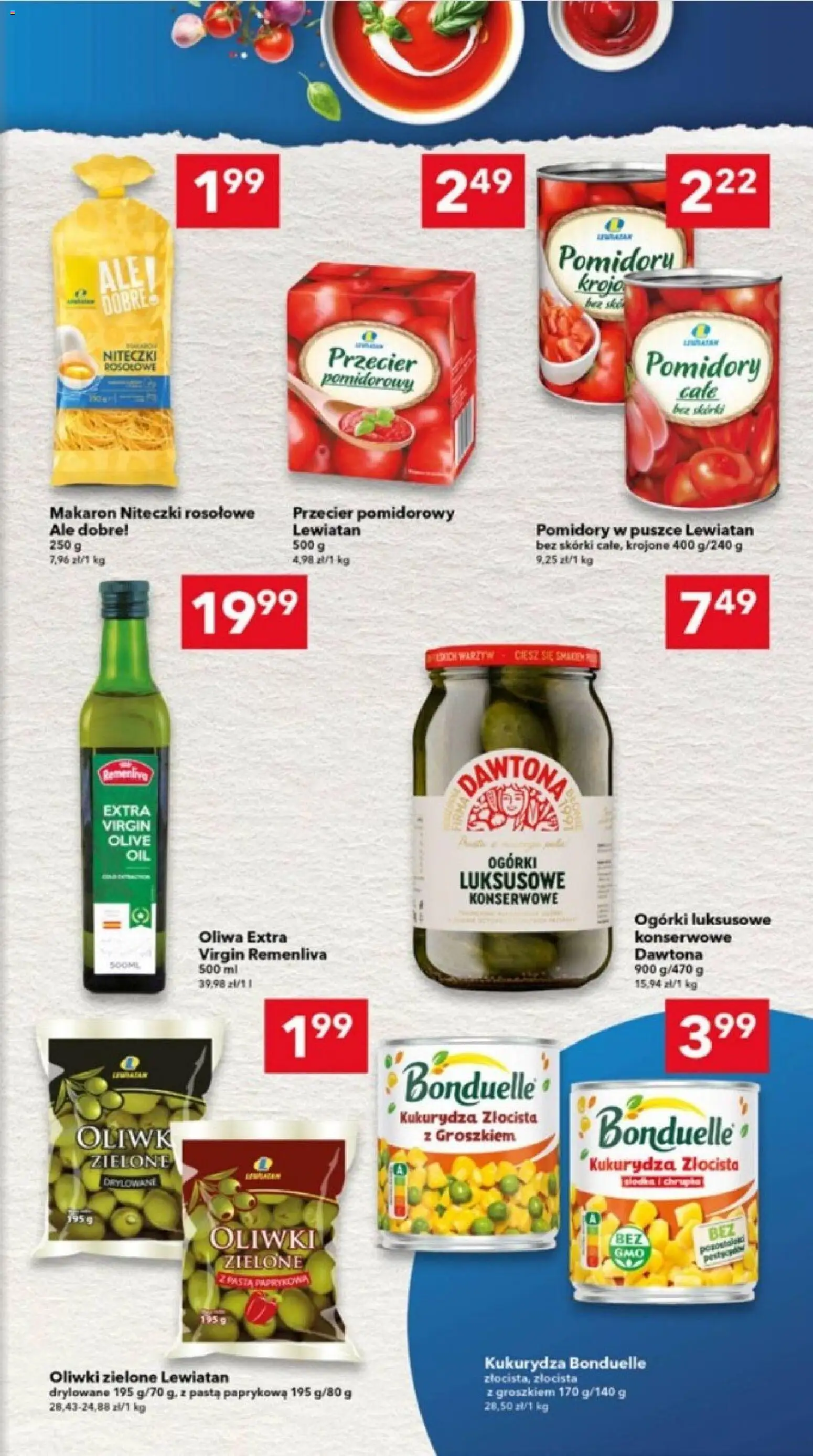 Lewiatan gazetka - Ostrów Wielkopolski od 12.02.2026 | Strona: 7 | Produkty: Oliwki zielone, Pomidory w puszce, Makaron, Ogórki