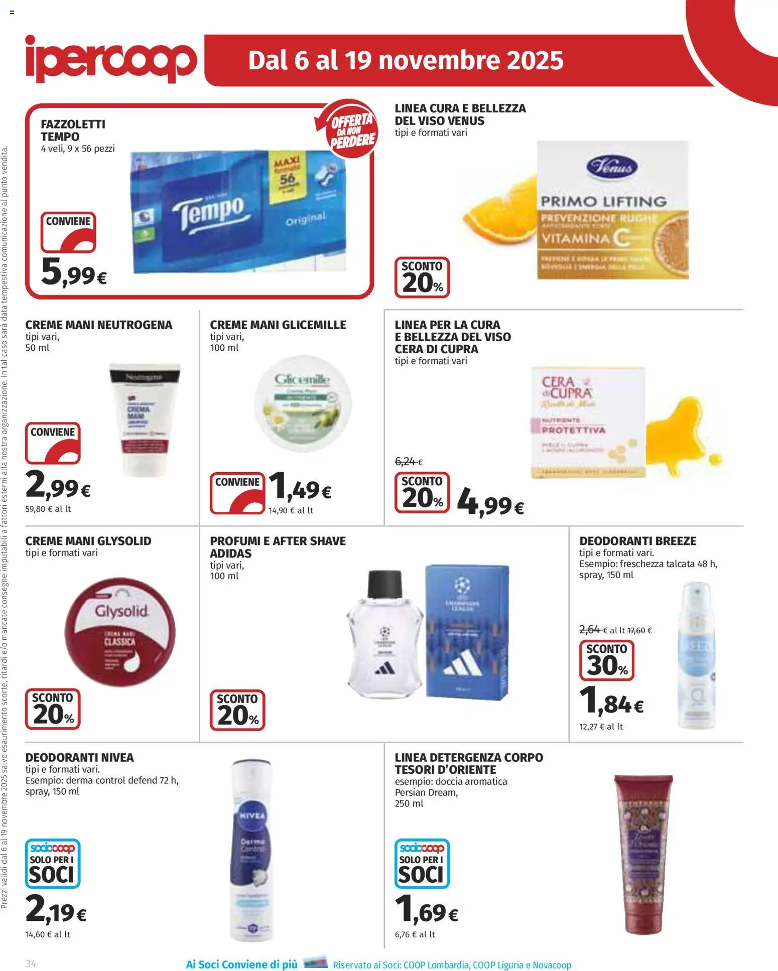 Volantino Ipercoop del 06.11.2025 | Pagina: 34 | Prodotti: Crema, Fazzoletti, Data, Doccia