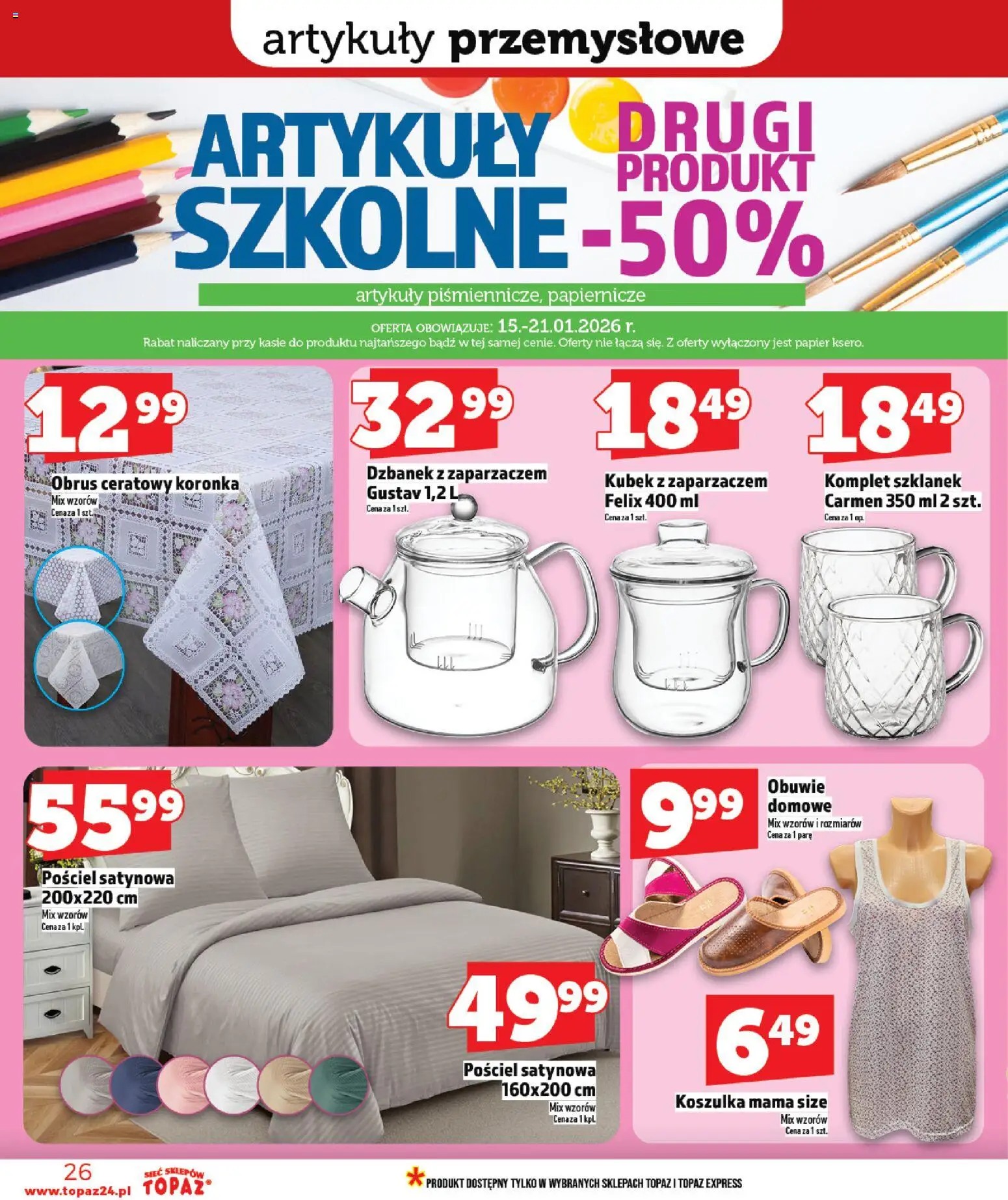 Topaz Gazetka od 15.01.2026 | Strona: 26 | Produkty: Pościel, Dzbanek, Pościel satynowa, Artykuły przemysłowe