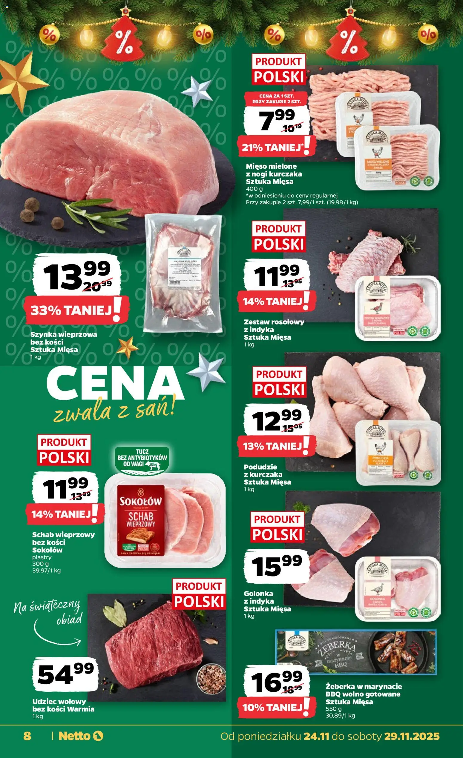 Netto gazetka od 24.11.2025 | Strona: 8 | Produkty: Mięso, Schab wieprzowy, Mięso mielone, Szynka