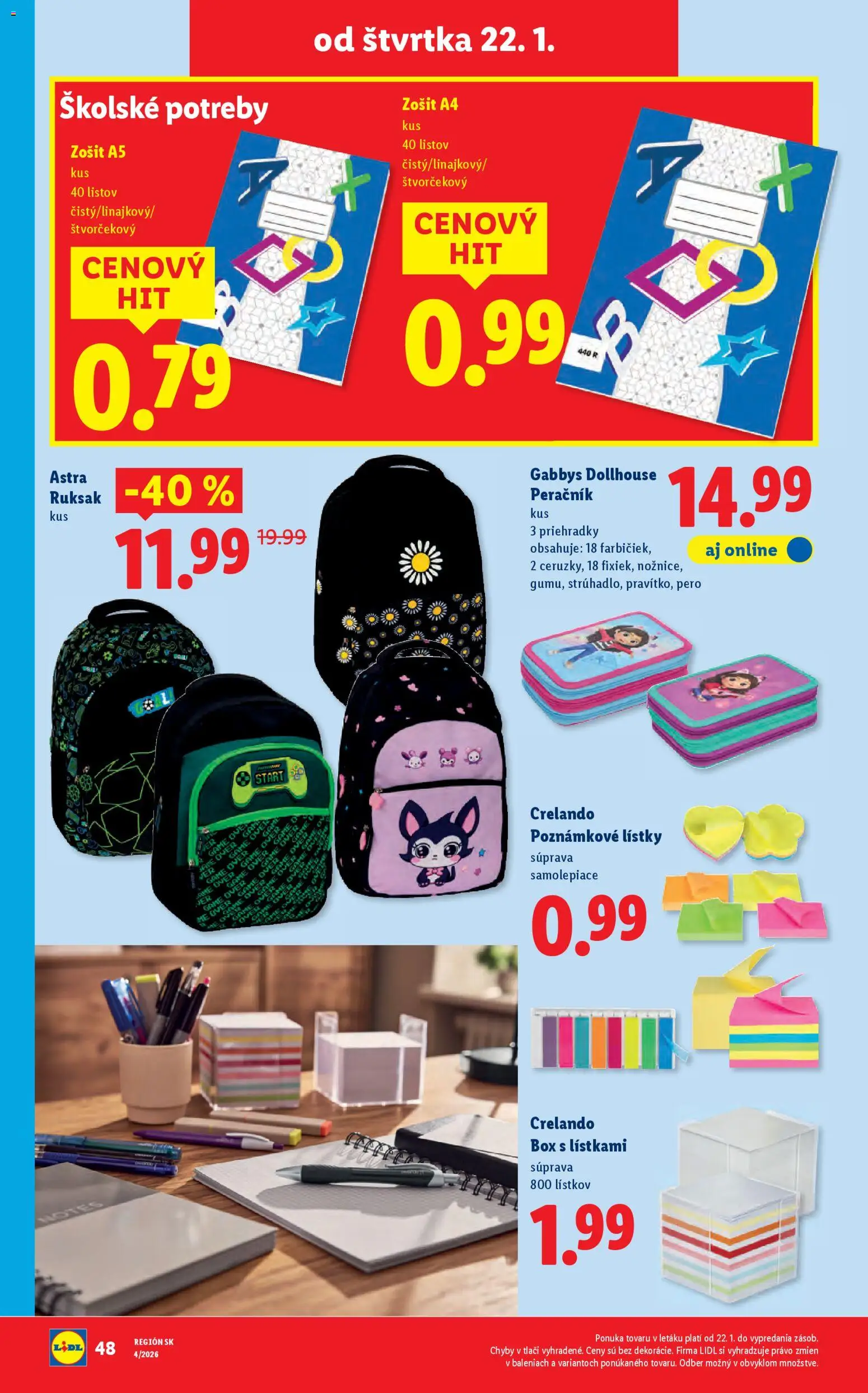 Nové Lidl akcie – leták je platný od 19.01.2026 | Strana: 80 | Produkty: Zošit, Pero, Peračník, Ruksak