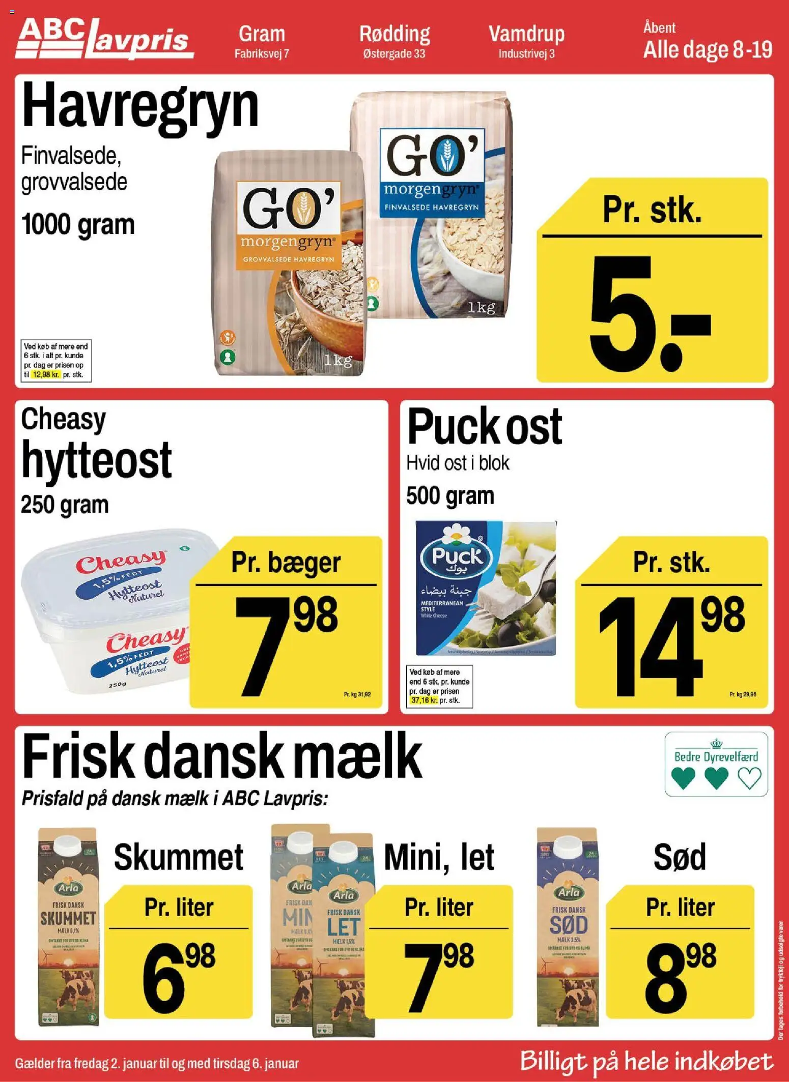 Abc Lavpris tilbudsavis – gyldig fra 02.01.2026 | Side: 1 | Produkter: Mælk, Ost, Hytteost, Havregryn