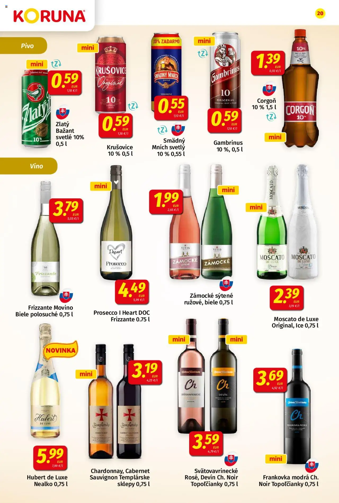 Koruna leták │ platný od 15.08.2025 | Strana: 20 | Produkty: Prosecco, Krušovice, Smädný Mních, Gambrinus