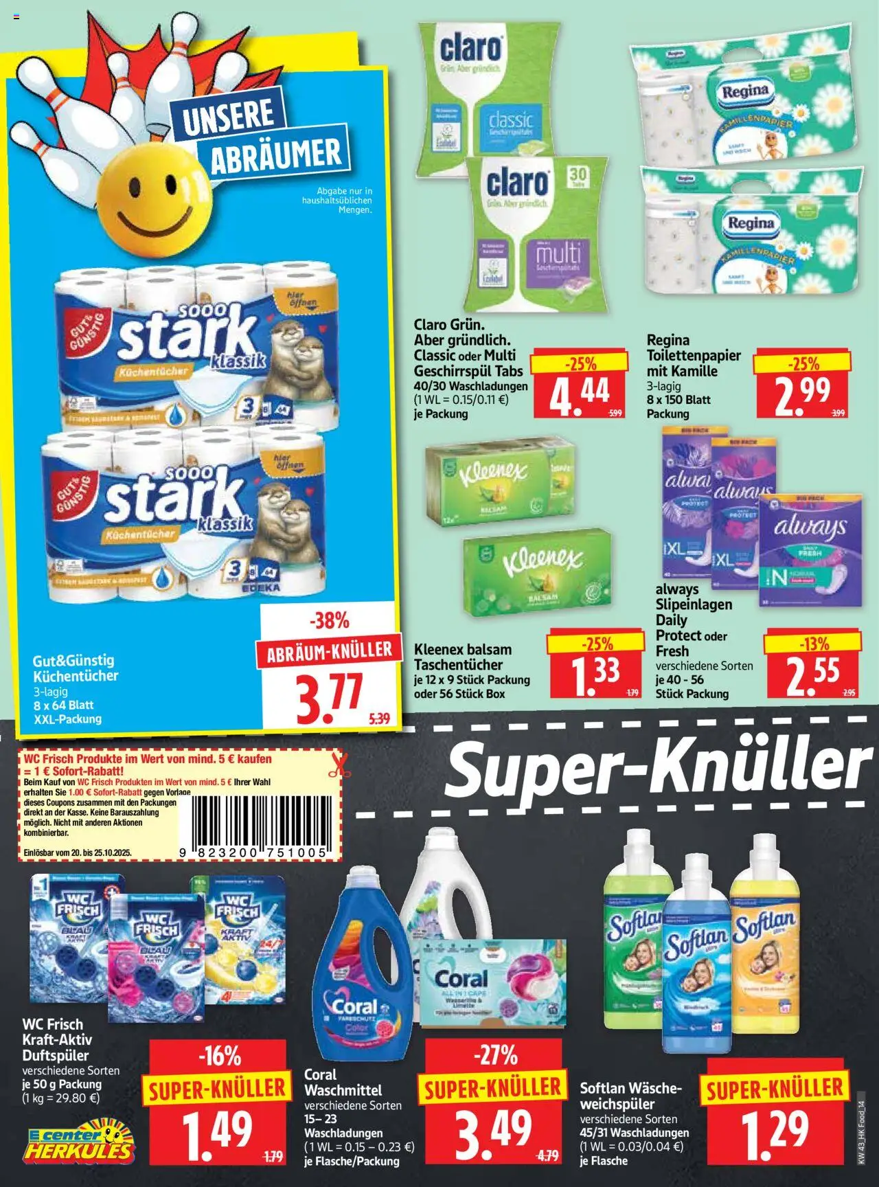 HERKULES Prospekt 	 – gültig ab 20.10.2025 | Seite: 14 | Produkte: Weichspüler, Waschmittel, Wc frisch, Toilettenpapier