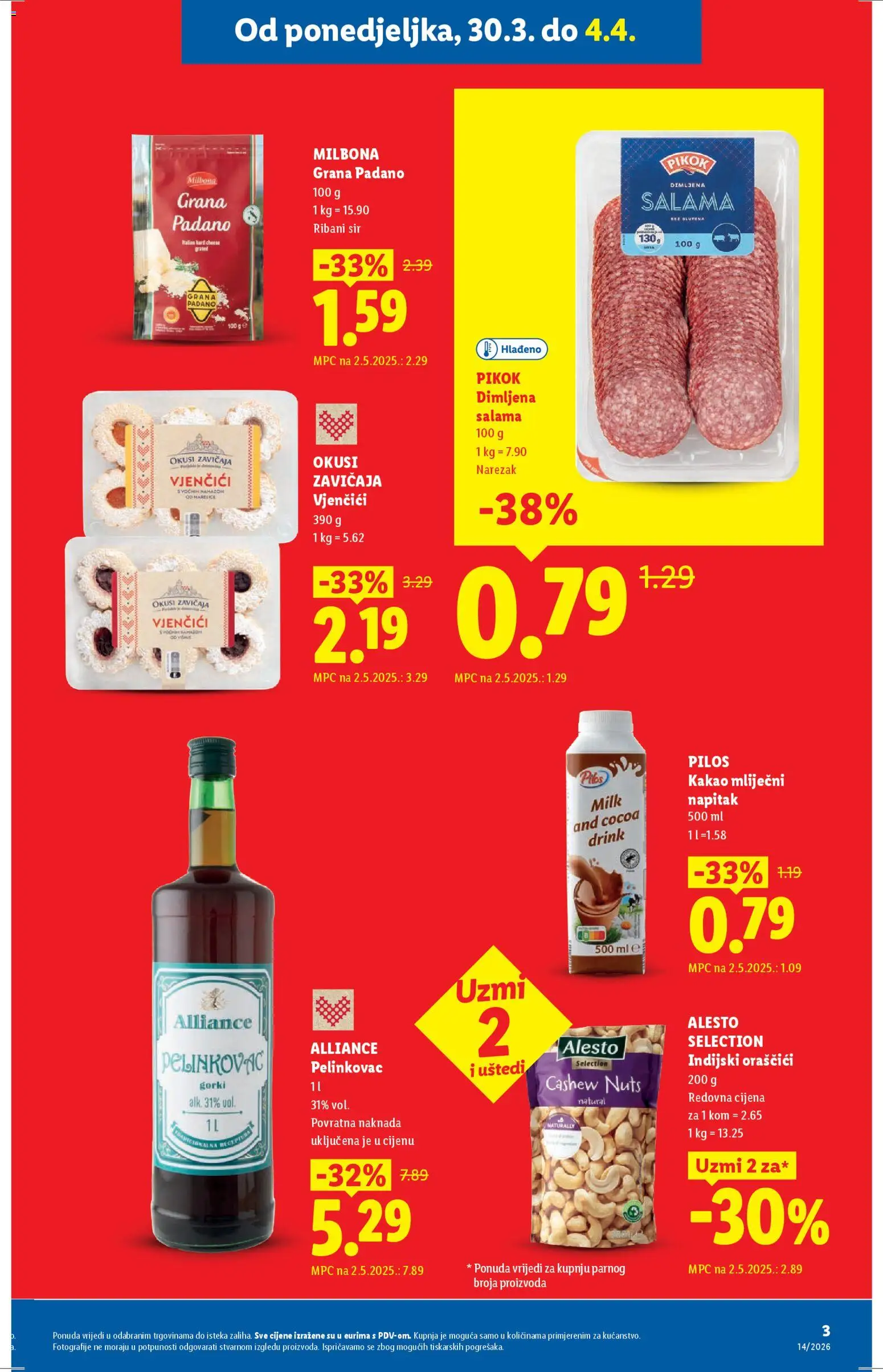 Lidl katalog | vrijedi od 30.03.2026 | Stranica: 3 | Proizvodi: Grana Padano, Salama, Narezak, Kakao