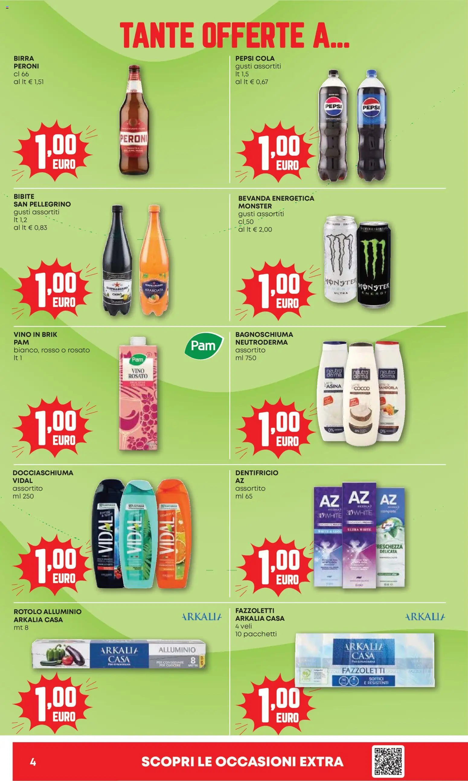 Volantino PAM del 07.04.2026 | Pagina: 4 | Prodotti: Bagnoschiuma, Latte, Vino, Bibite