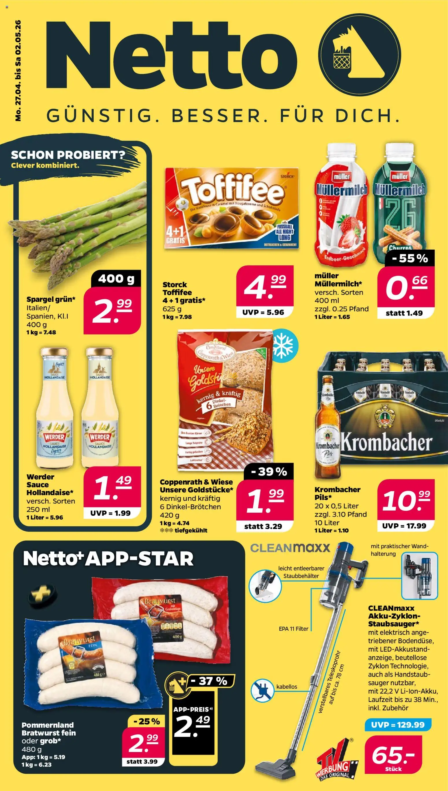 Netto Prospekt 	 – gültig ab 27.04.2026 | Seite: 1 | Produkte: Bratwurst, Toffifee, Krombacher, Muller mullermilch