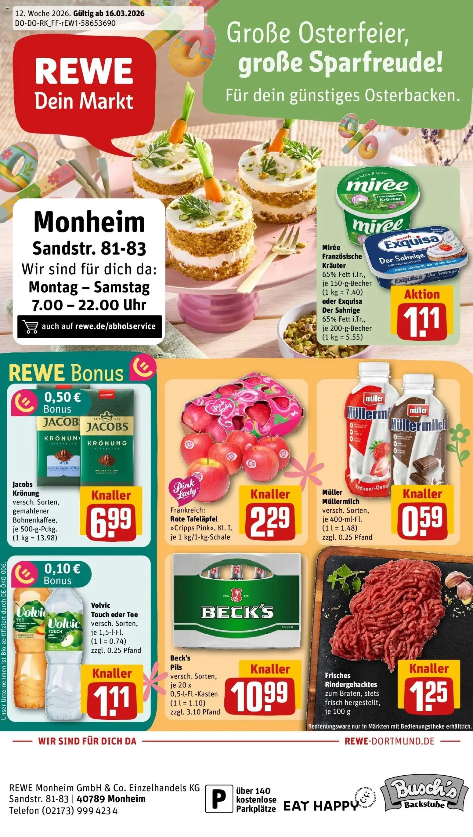Rewe Prospekt Monheim	 – gültig ab 15.03.2026 | Seite: 1 | Produkte: Pils, Exquisa, Pfirsich, Telefon