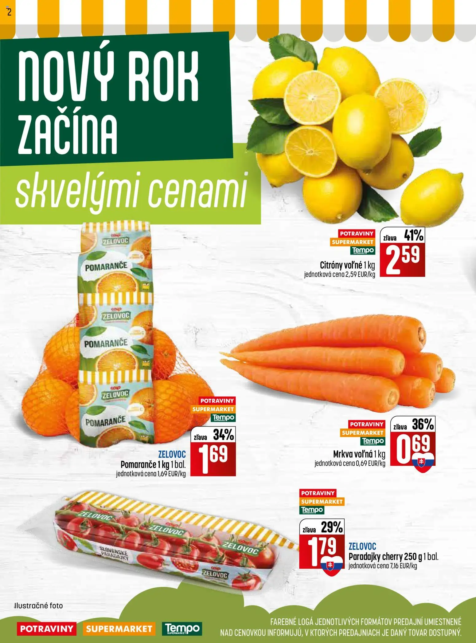 Nové COOP Jednota akcie – leták je platný od 01.01.2026 | Strana: 2 | Produkty: Pomaranče, Paradajky, Citróny, Mrkva