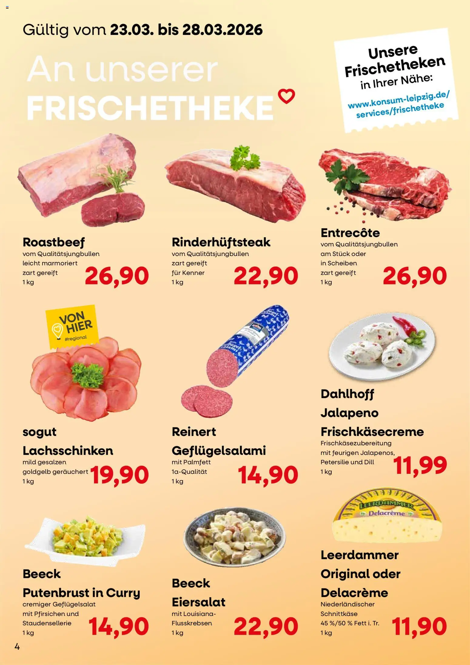 KONSUM Leipzig Kundenjournal – gültig ab 23.03.2026 | Seite: 4 | Produkte: Entrecote, Leerdammer, Petersilie, Dill