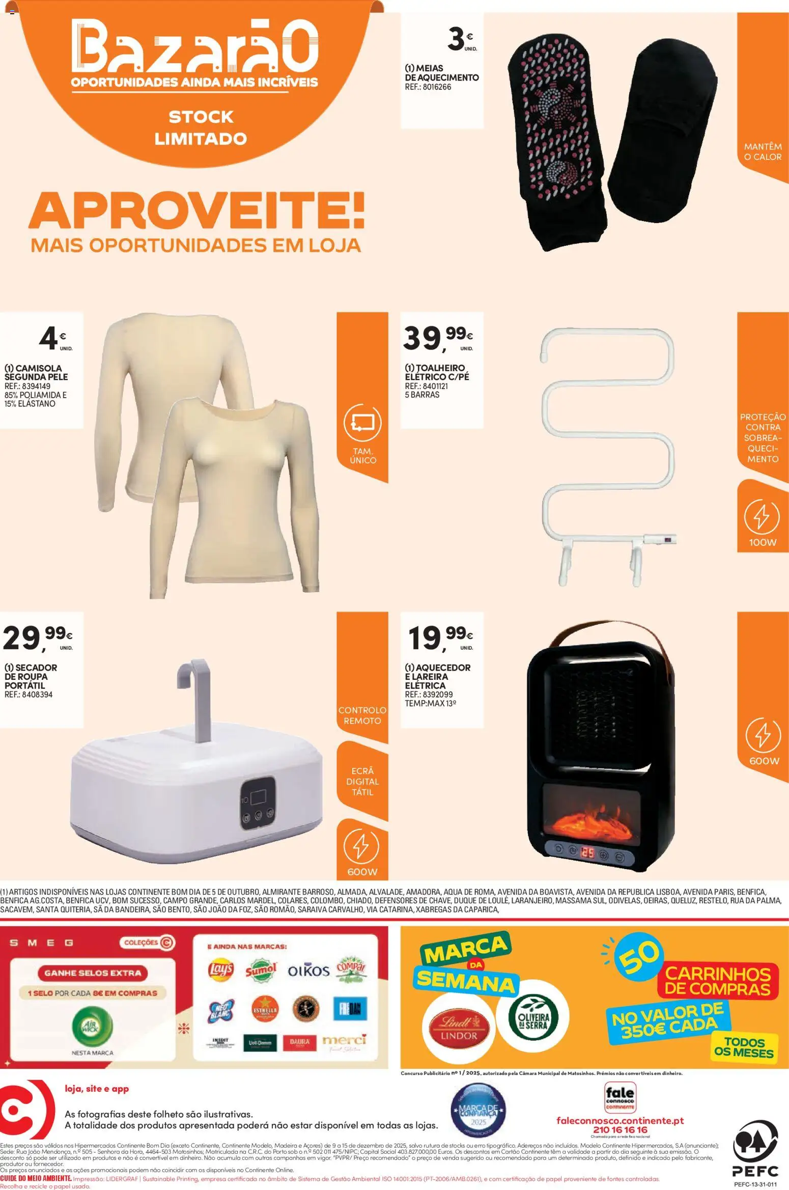 Continente Semanal Continente Bom Dia │ válido de 09.12.2025 | Página: 28 | Produtos: Toalheiro elétrico, Secador, Camisola, Meias