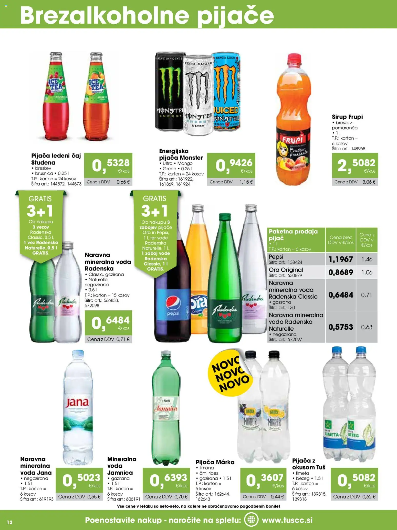 Novi Tuš katalog ponudbe – veljaven od 07.03.2026 | Stran: 12 | Izdelki: Sirup, Ledeni čaj, Mineralna voda, Caj