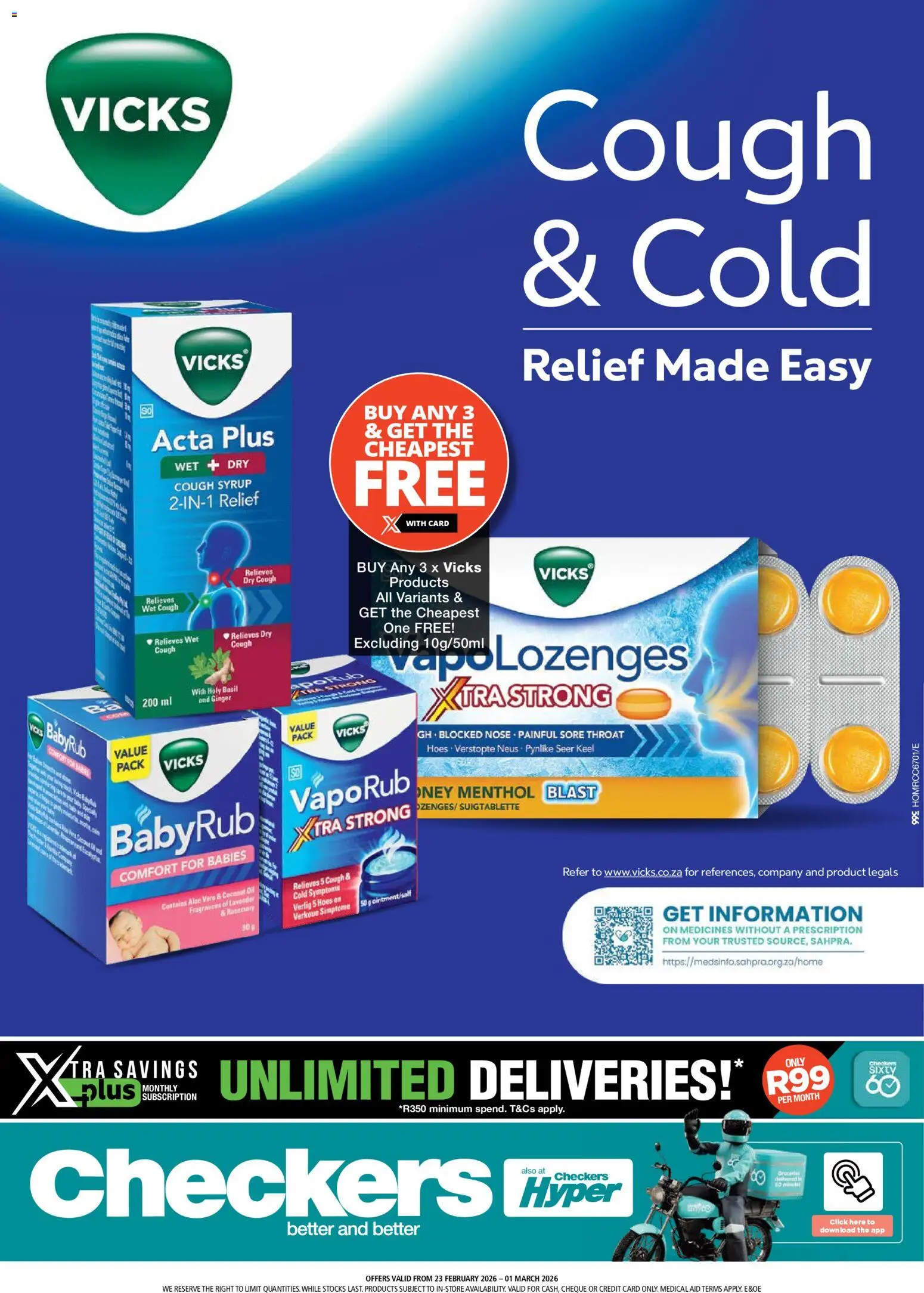 New Checkers catalogue – valid from 23.02.2026 | Page: 1 | Products: Cough syrup, Oil, Lozenges, Syrup