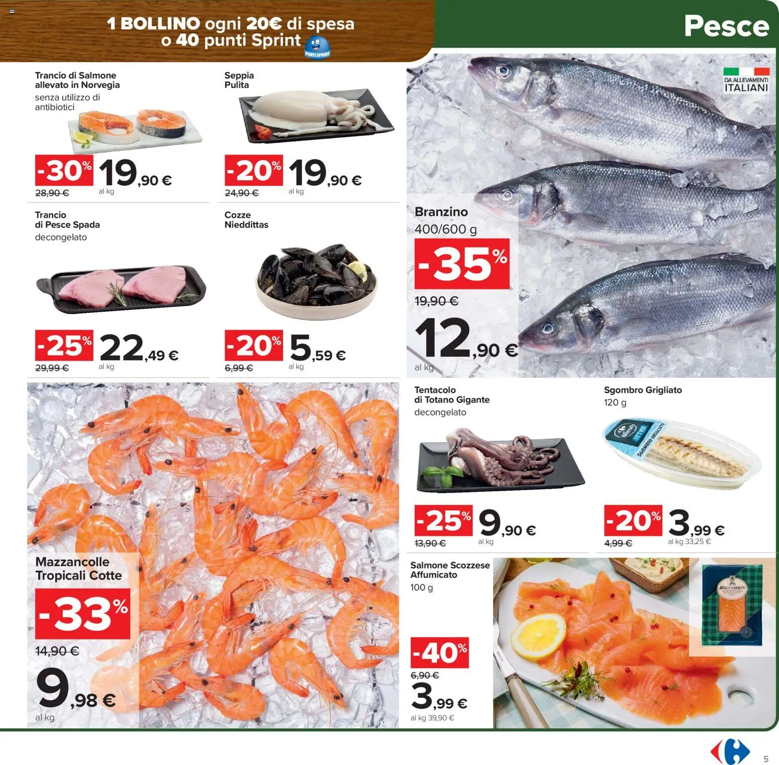 Volantino Carrefour del 17.02.2026 | Pagina: 5 | Prodotti: Salmone, Pesce, Branzino, Totano