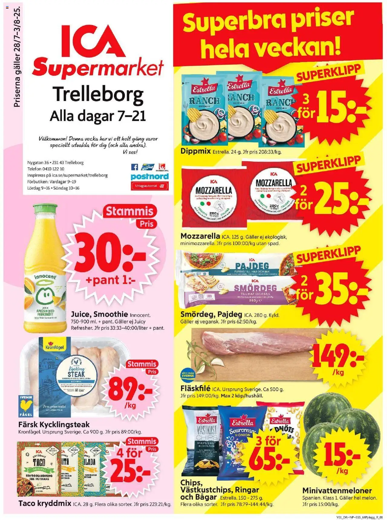 ICA Supermarket reklamblad aktuell från 28.07.2025 | Sida: 1 | Produkter: Kycklingklubba, Galler, Apelsin, Telefon