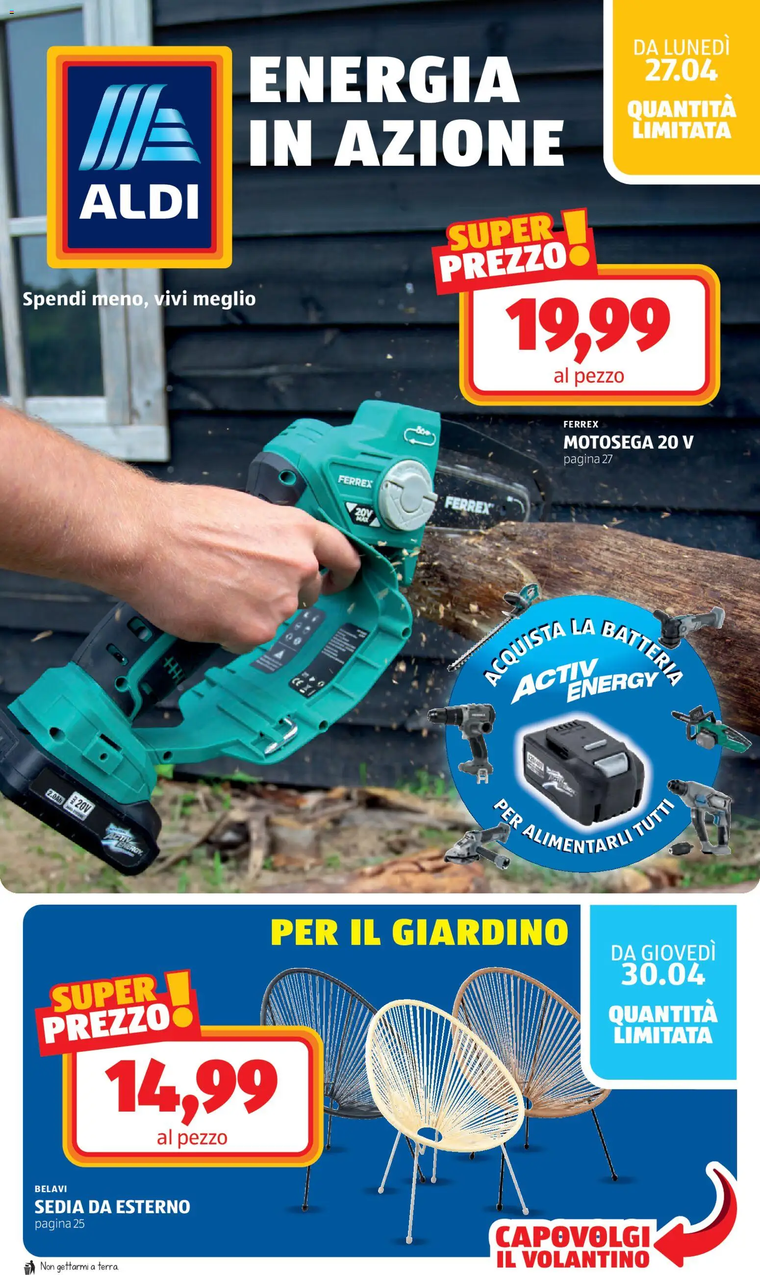 Volantino Aldi del 27.04.2026 | Pagina: 32 | Prodotti: Motosega, Sedia, Batteria