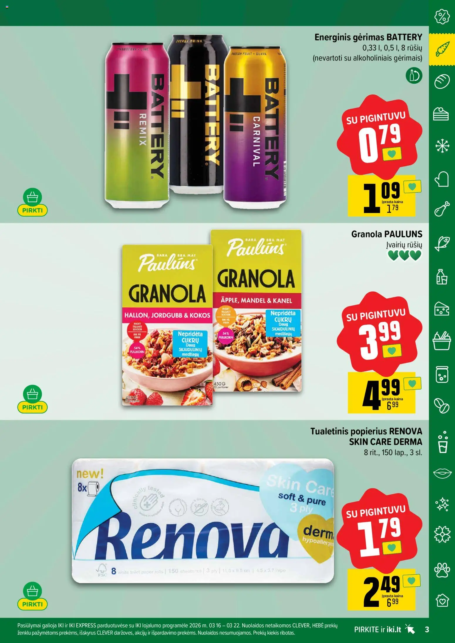 IKI akcijos nuo 16.03.2026 | Puslapis: 3 | Prekių: Energinis gėrimas, Tualetinis popierius