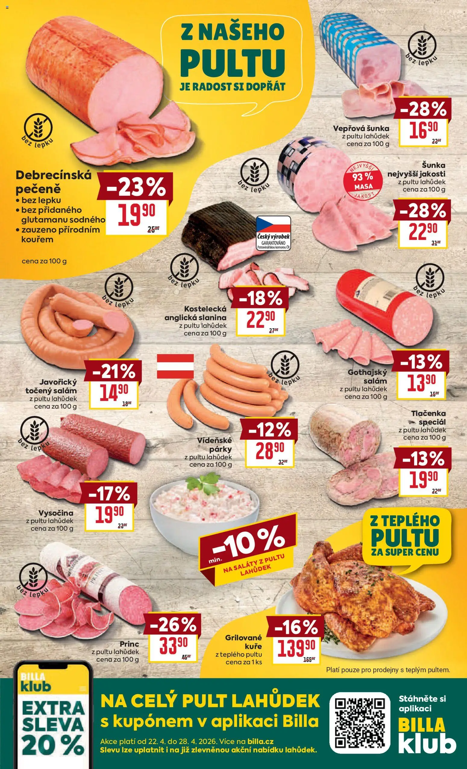 Billa Velký leták od 22.04.2026 | Strana: 8 | Produkty: Saláty, Grilované kuře, Šunka, Vysočina