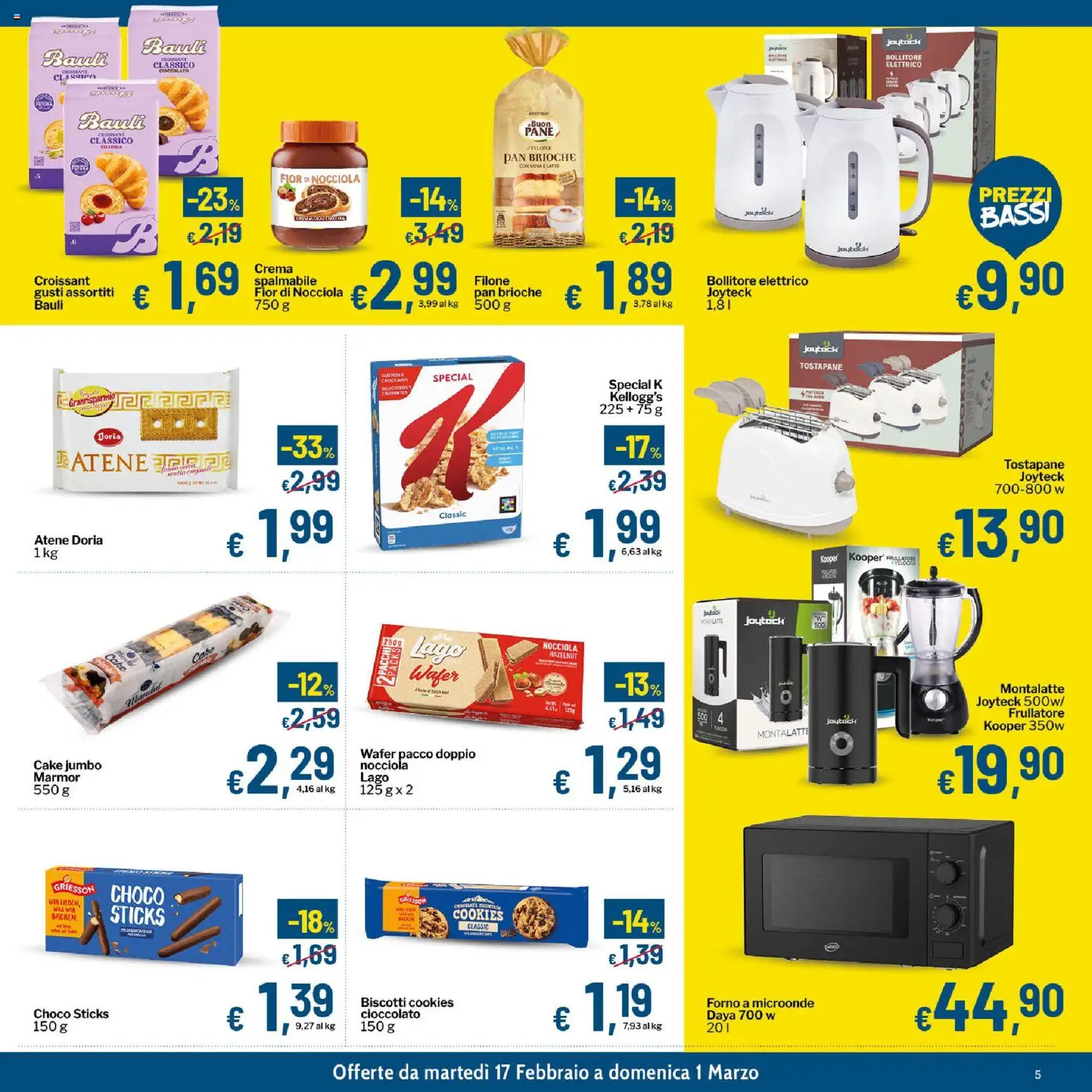 Volantino Qui Discount del 17.02.2026 | Pagina: 5 | Prodotti: Microonde, Pane, Frullatore, Croissant