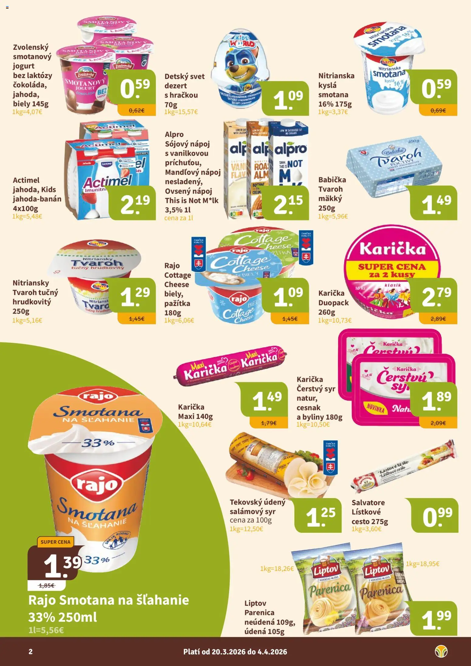 Nové Nitrazdroj akcie – leták je platný od 20.03.2026 | Strana: 2 | Produkty: Syr, Smotana, Lístkové cesto, Alpro