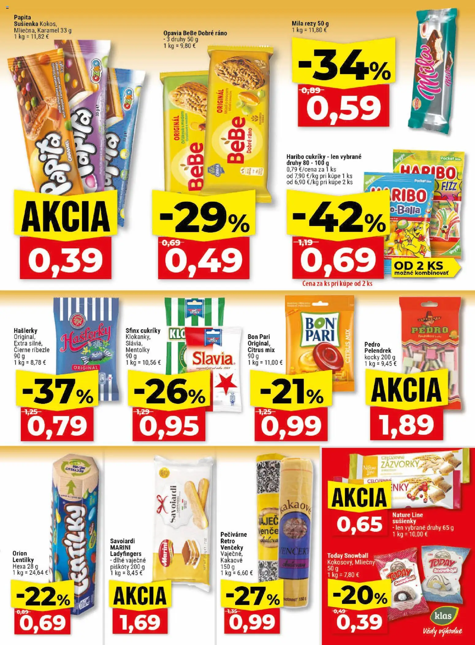 Nové Klas akcie – leták je platný od 27.04.2026 | Strana: 18 | Produkty: Ríbezle, BeBe Dobré ráno, Cukríky, Mila