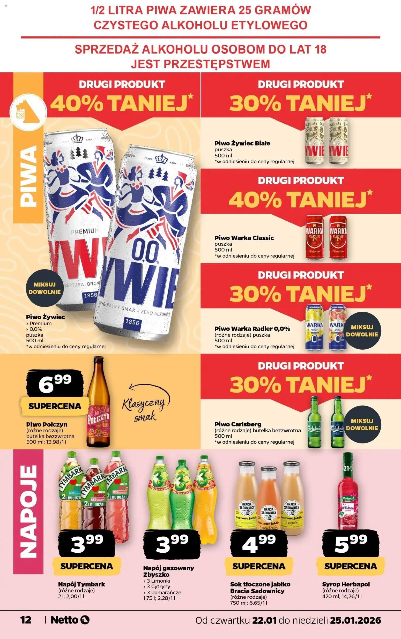 Netto gazetka - Spożywcza od 22.01.2026 | Strona: 12 | Produkty: Napoje, Wiśnie, Warka, Piwo Carlsberg