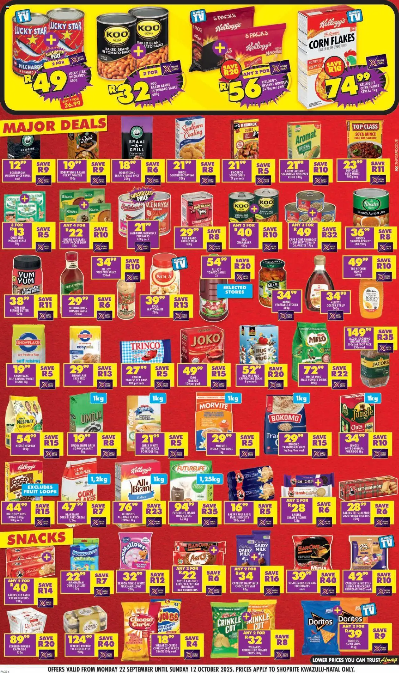 New Shoprite catalogue – valid from 22.09.2025 | Page: 4 | Products: Baked beans, Milk, Noodles, Syrup