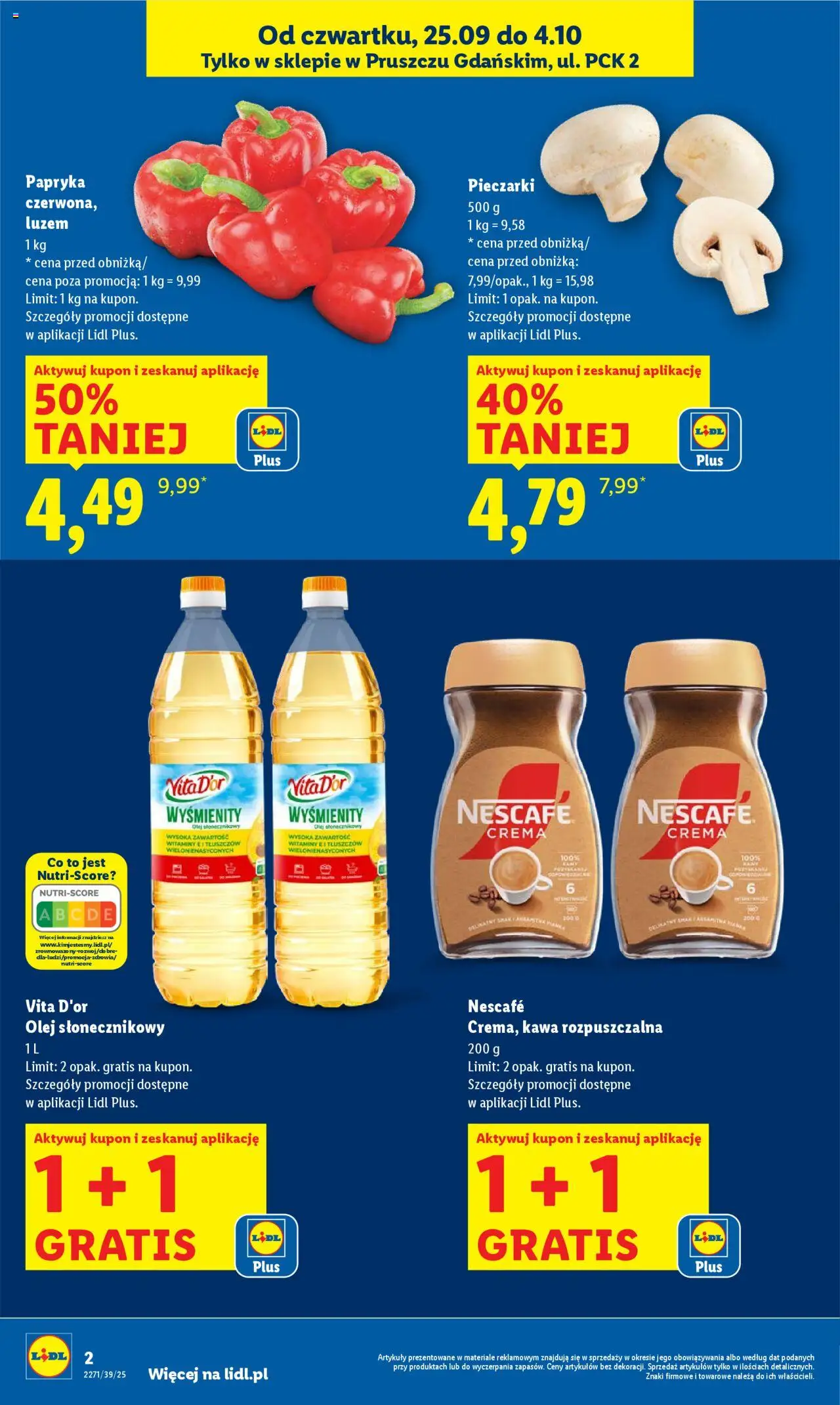 Lidl Gazetka - Wielkie otwarcie od 25.09.2025 | Strona: 2 | Produkty: Pieczarki, Nescafe, Kawa rozpuszczalna, Olej