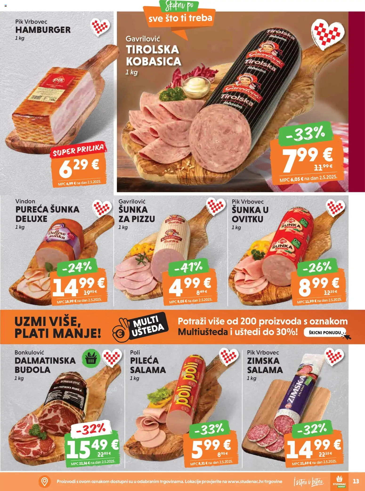 Studenac katalog | vrijedi od 08.04.2026 | Stranica: 13 | Proizvodi: Salama, Buđola, Pik Vrbovec, Hamburger