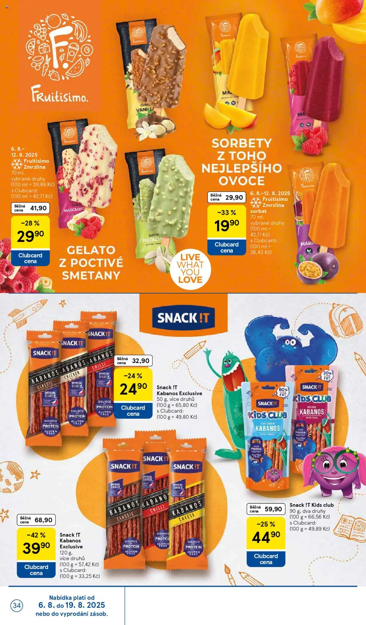 Tesco leták - Hypermarket od 06.08.2025 | Strana: 34 | Produkty: Zmrzlina, Kabanos, Protein, Sorbet