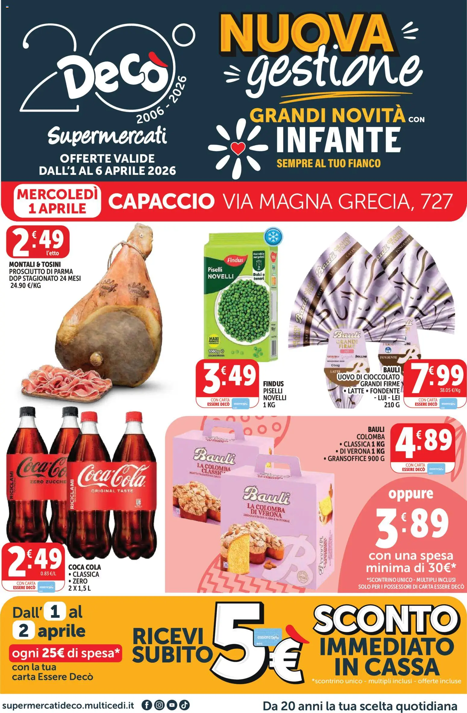 Volantino Decò del 01.04.2026 | Pagina: 1 | Prodotti: Prosciutto di Parma, Prosciutto, Piselli, Coca Cola