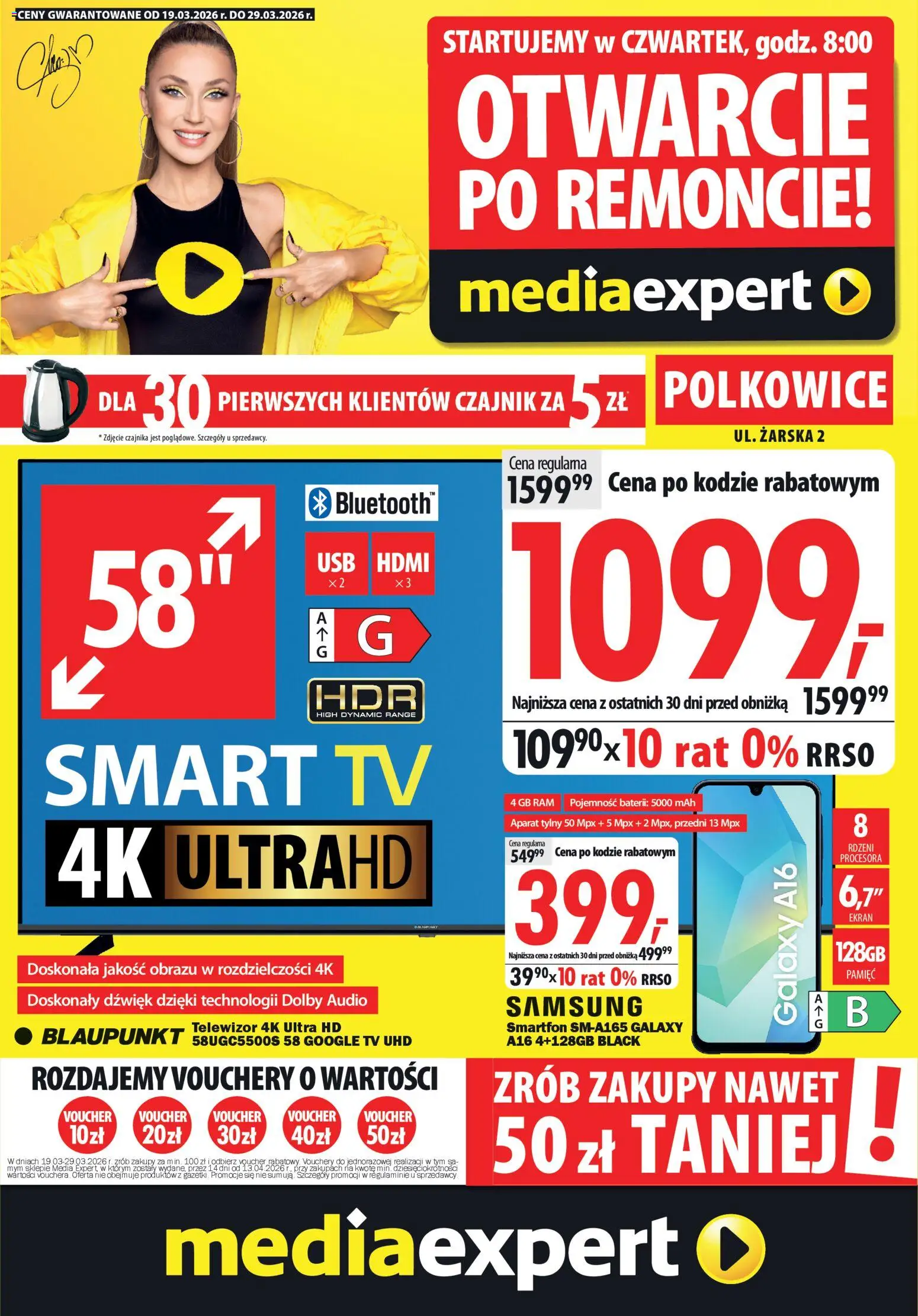 Mediaexpert promocje - Otwarcie po remoncie Polkowice od 19.03.2026 | Strona: 1 | Produkty: Smartfon, Telewizor, Audio, Czajnik