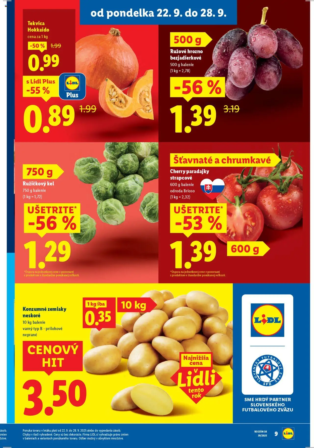 Nové Lidl akcie – leták je platný od 22.09.2025 | Strana: 15 | Produkty: Kel, Zemiaky, Cherry paradajky, Hrozno