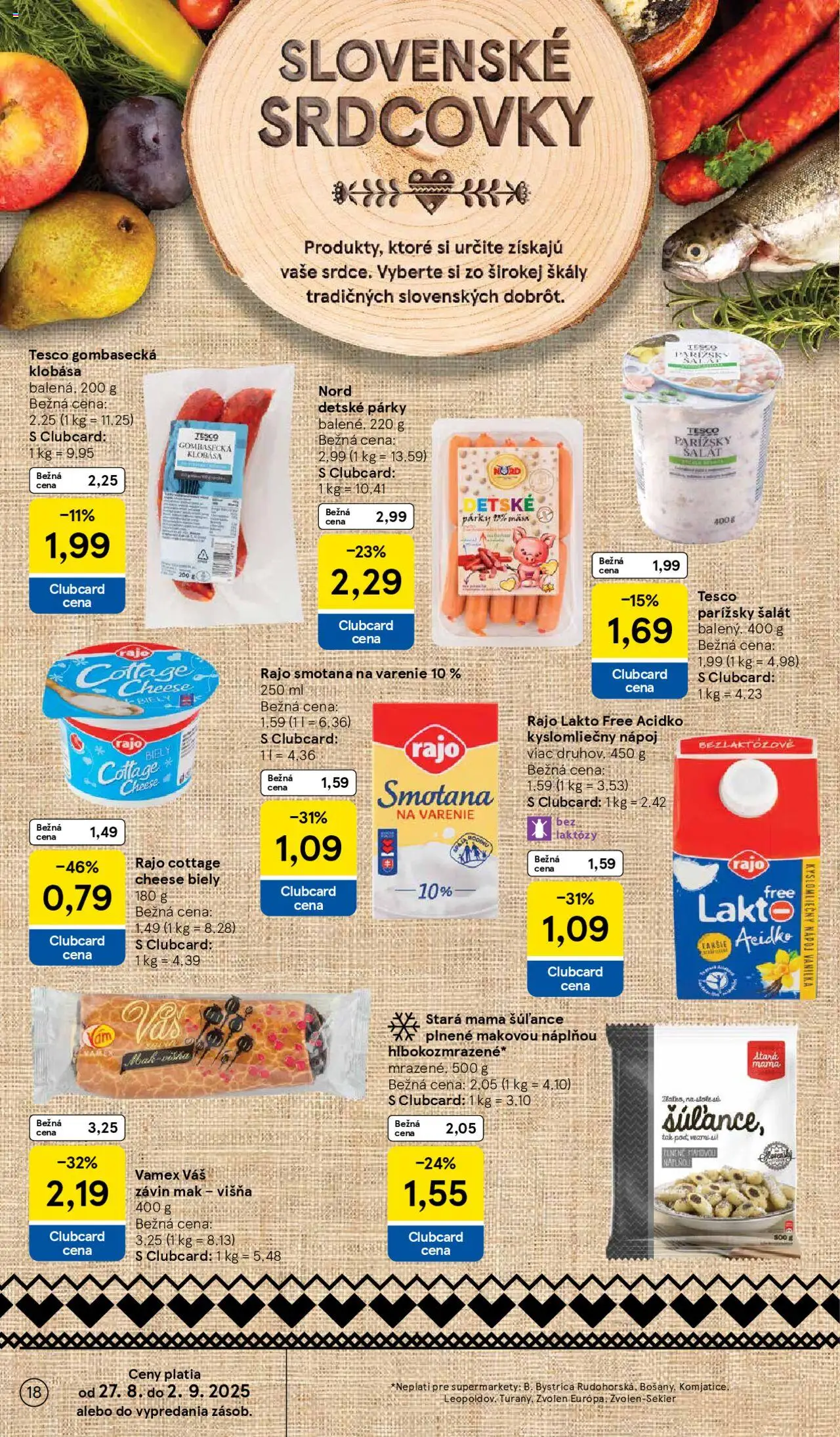 Tesco Supermarket - leták │ platný od 27.08.2025 | Strana: 18 | Produkty: Klobása, Závin, Párky, Mak