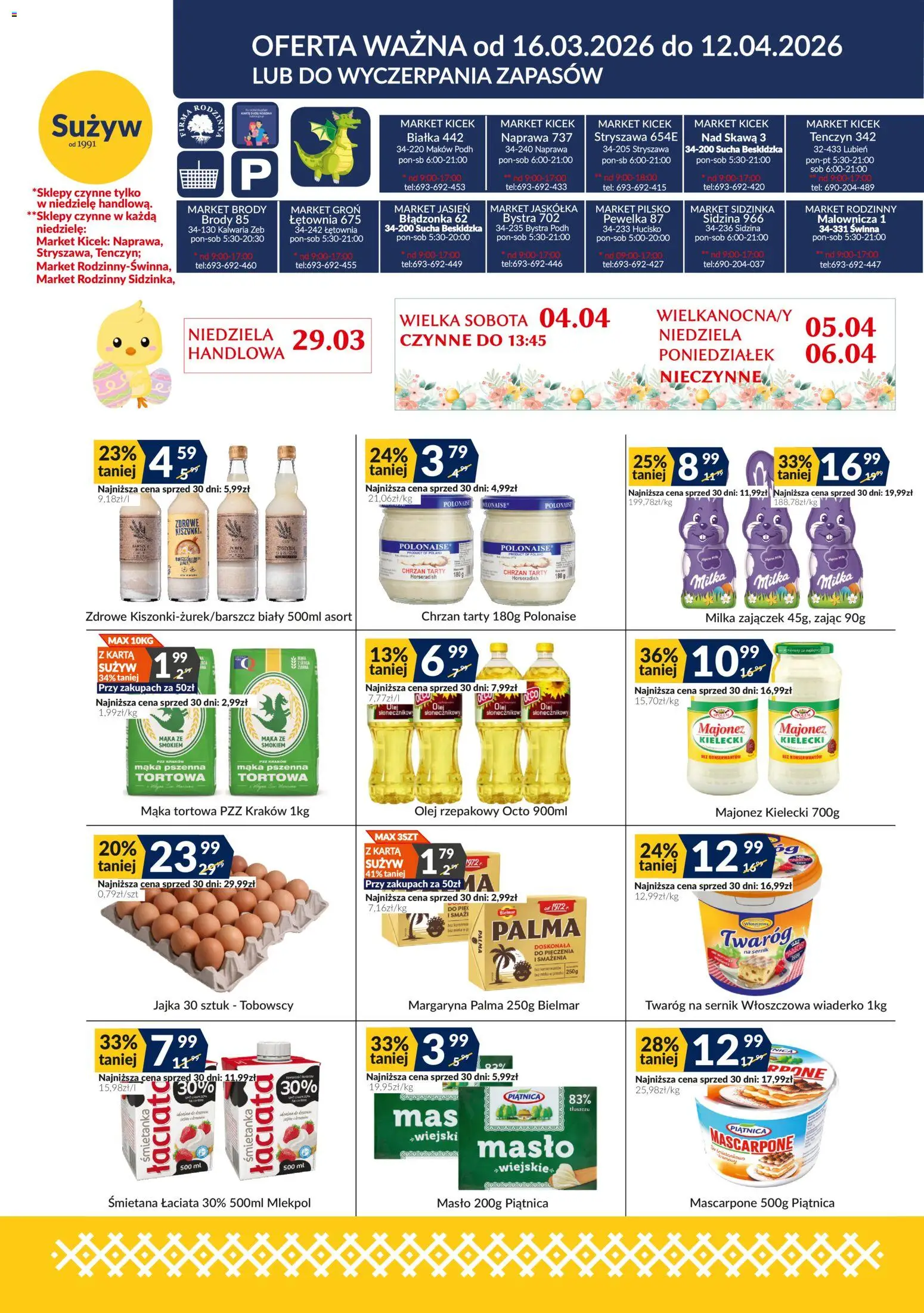 Sużyw gazetka od 16.03.2026 | Strona: 1 | Produkty: Karta, Milka, Chrzan, Olej