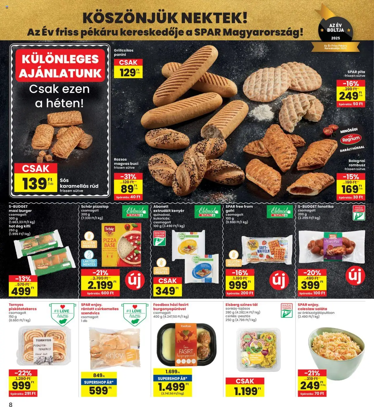 Interspar akciós ujság - amely érvényes a következő dátumtól: 14.08.2025 | Oldal: 8 | Termékek: Piskóta, Hot dog, Kifli, Pizza