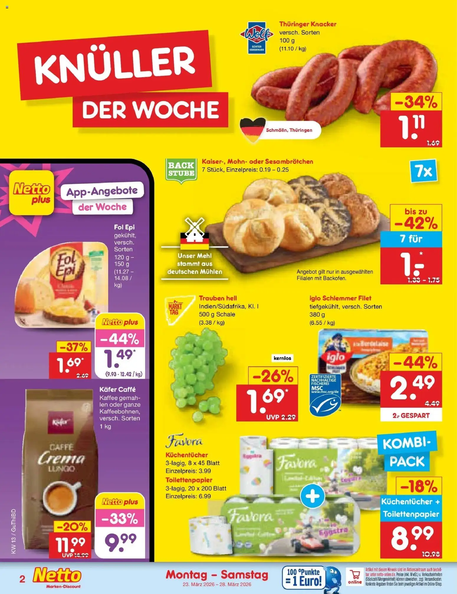 Netto Marken-Discount Prospekt Glauchau	 – gültig ab 23.03.2026 | Seite: 2 | Produkte: Trauben, Kaffee, Iglo, Toilettenpapier
