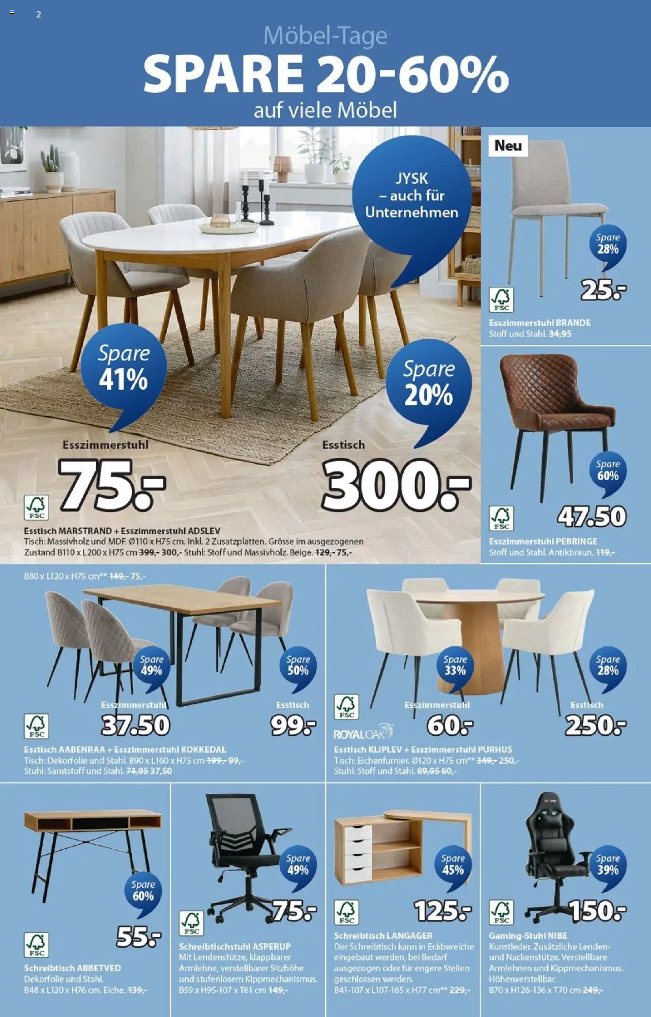 JYSK Aktionen – gültig ab 23.09.2025 | Seite: 2 | Produkte: Tisch, Stuhl, Gamingstuhl, Esstisch
