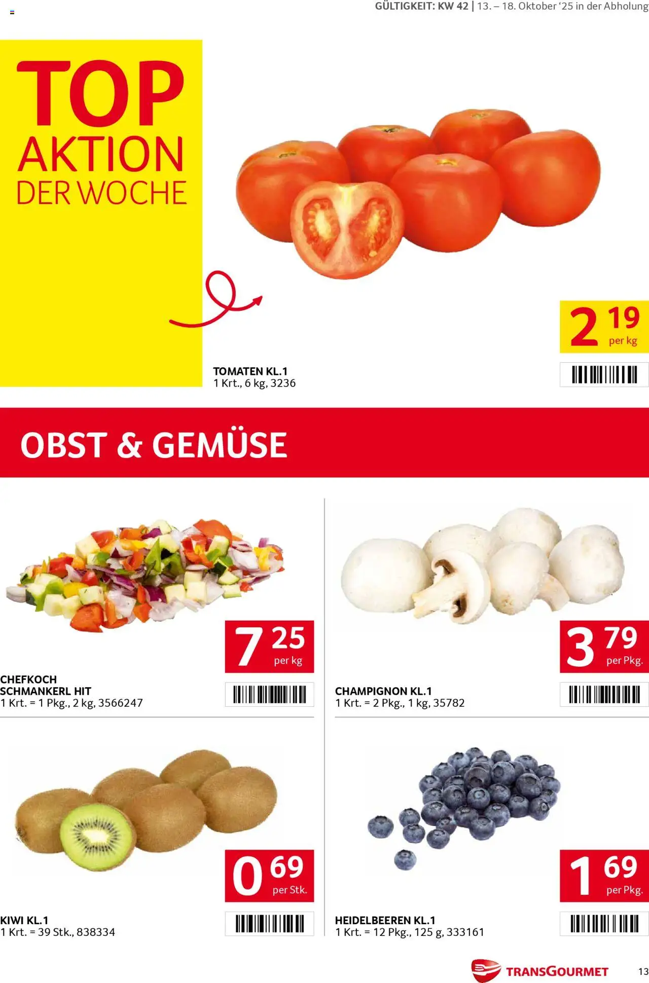 Transgourmet Flugblatt gültig ab 13.10.2025 | Seite: 13 | Produkte: Kiwi, Gemüse, Obst, Tomaten