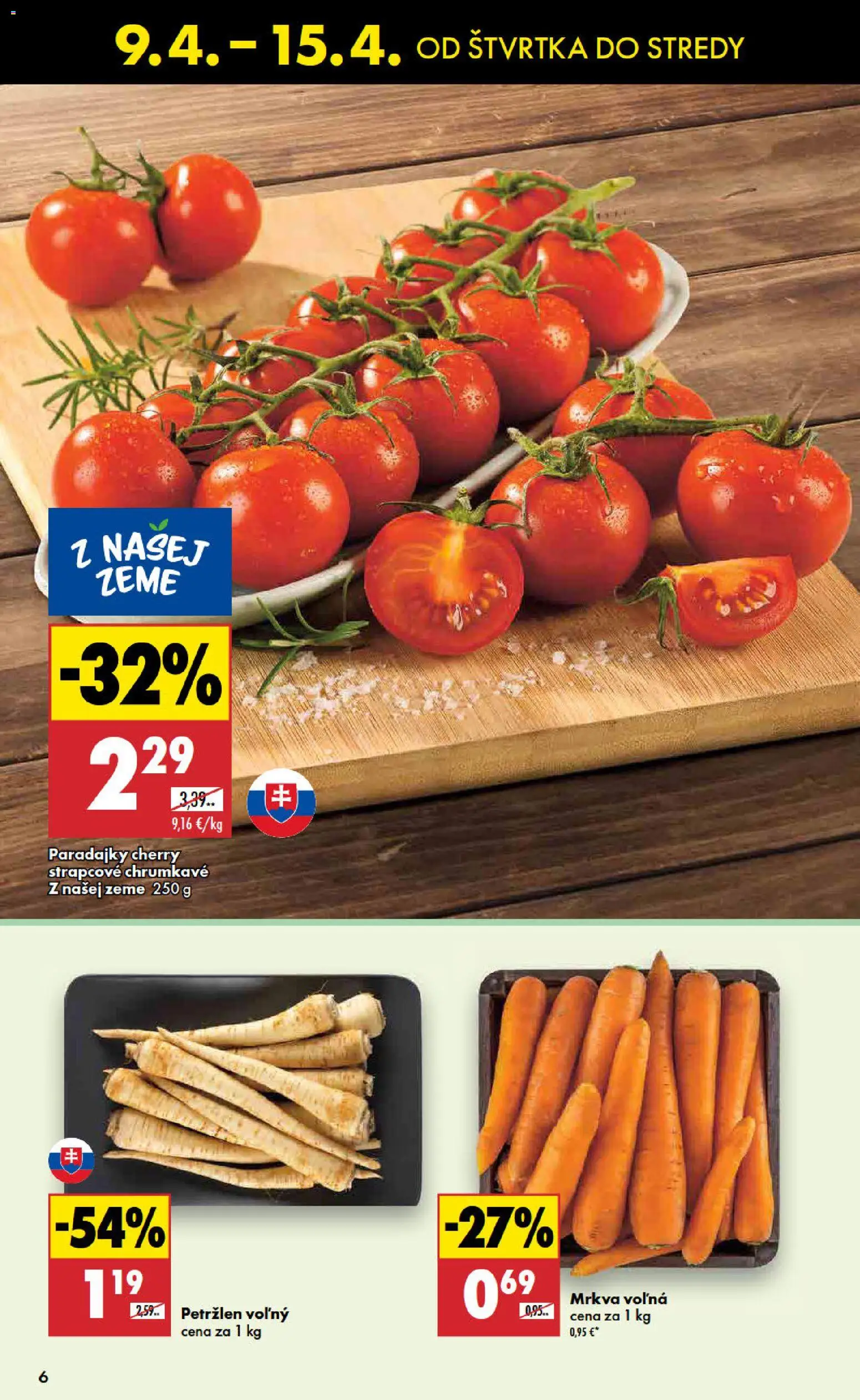 Nové Biedronka akcie – leták je platný od 09.04.2026 | Strana: 6 | Produkty: Paradajky, Mrkva, Petržlen