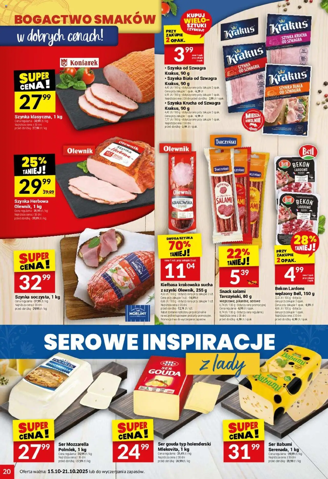 Twój Market Gazetka od 15.10.2025 | Strona: 20 | Produkty: Bekon, Kiełbasa krakowska, Ser, Mozzarella