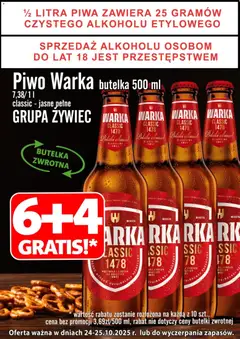 Pogląd oferty "Prim Market Promocja - Piwo Warka Classic Jasne Pełne 6+4 Gratis" - ważna od 24.10.2025