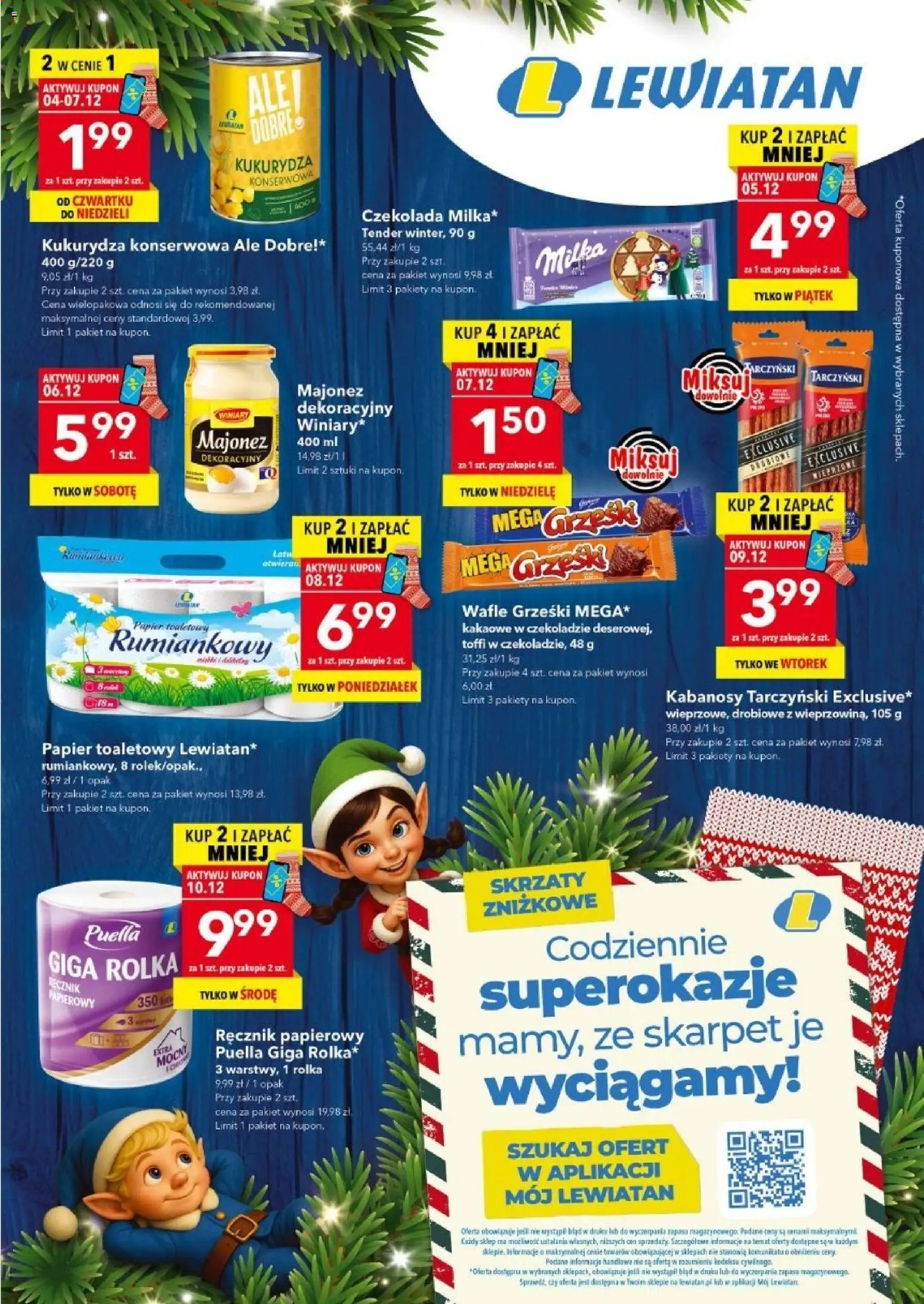 Lewiatan gazetka - Skrzaty Zniżkowe od 04.12.2025 | Strona: 1 | Produkty: Kukurydza, Kabanosy, Czekolada, Ręcznik papierowy