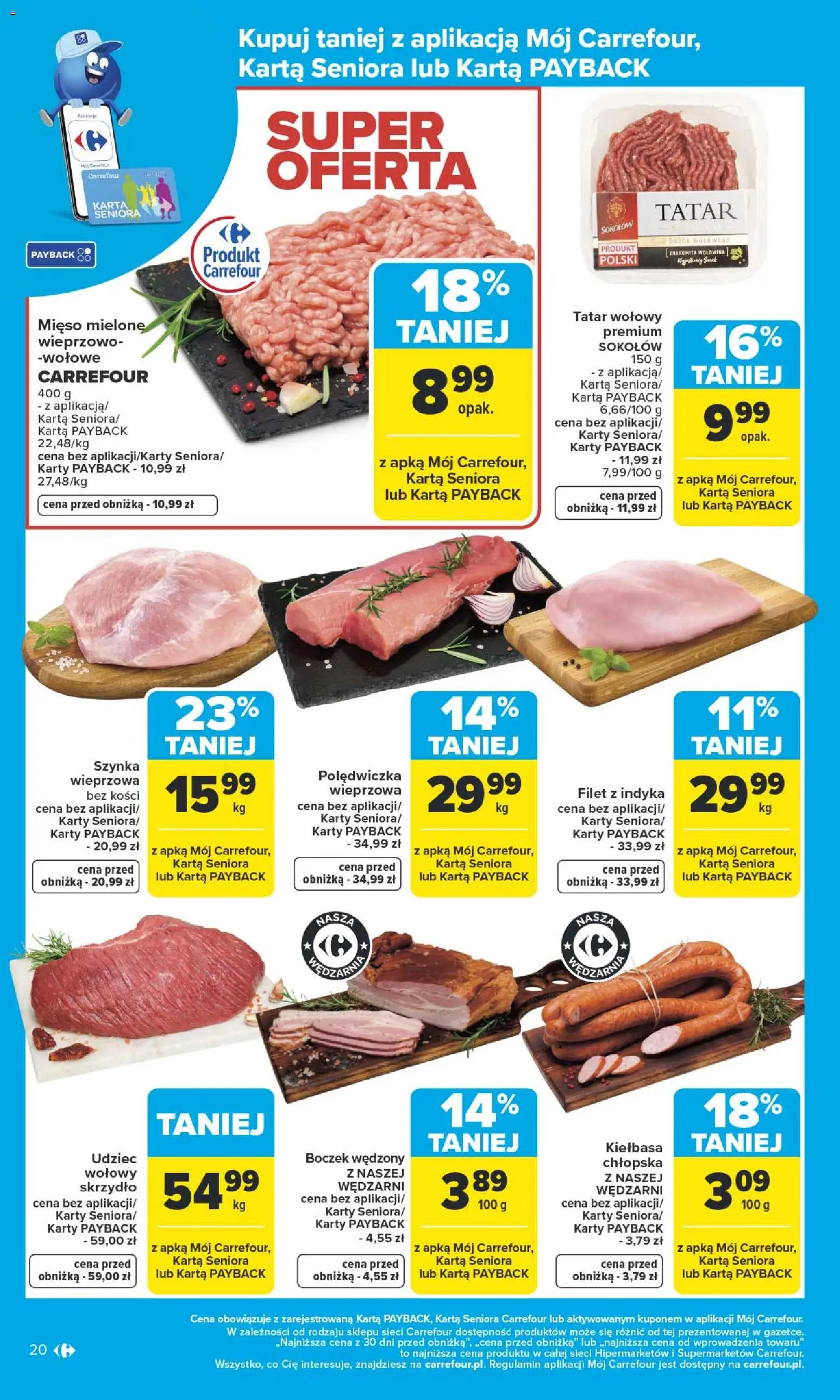 Carrefour Gazetka od 12.01.2026 | Strona: 22 | Produkty: Tatar wołowy, Mięso, Polędwiczka wieprzowa, Boczek wędzony