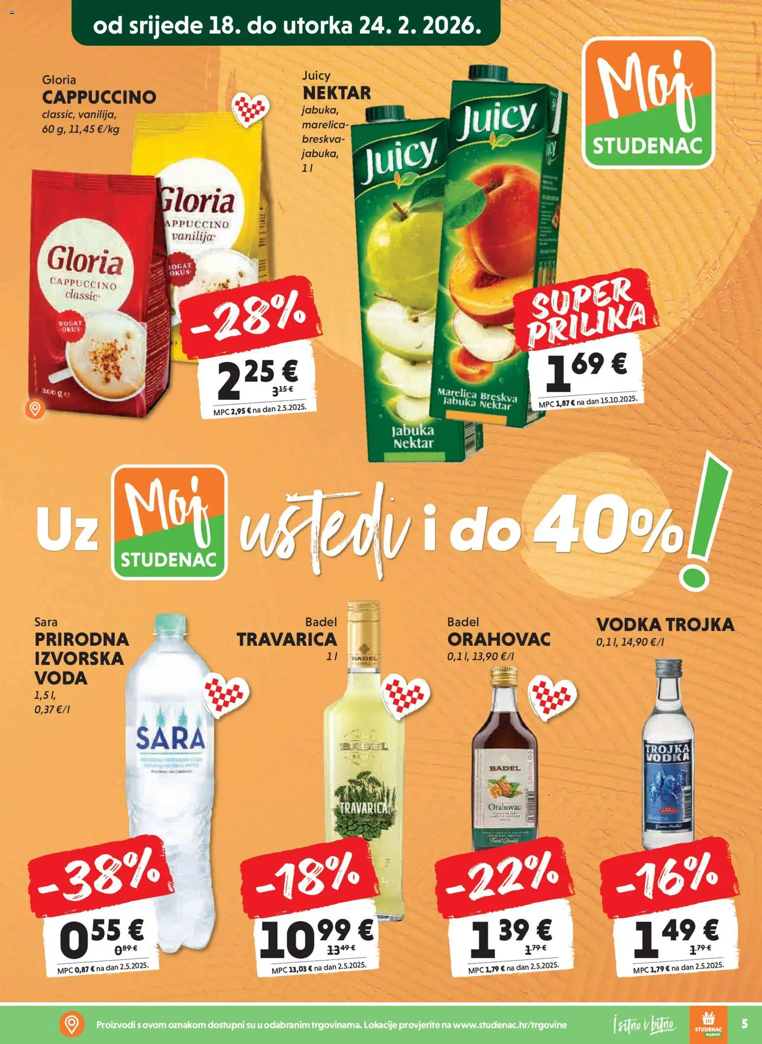 Studenac katalog | vrijedi od 18.02.2026 | Stranica: 5 | Proizvodi: Travarica, Voda, Breskva, Cappuccino